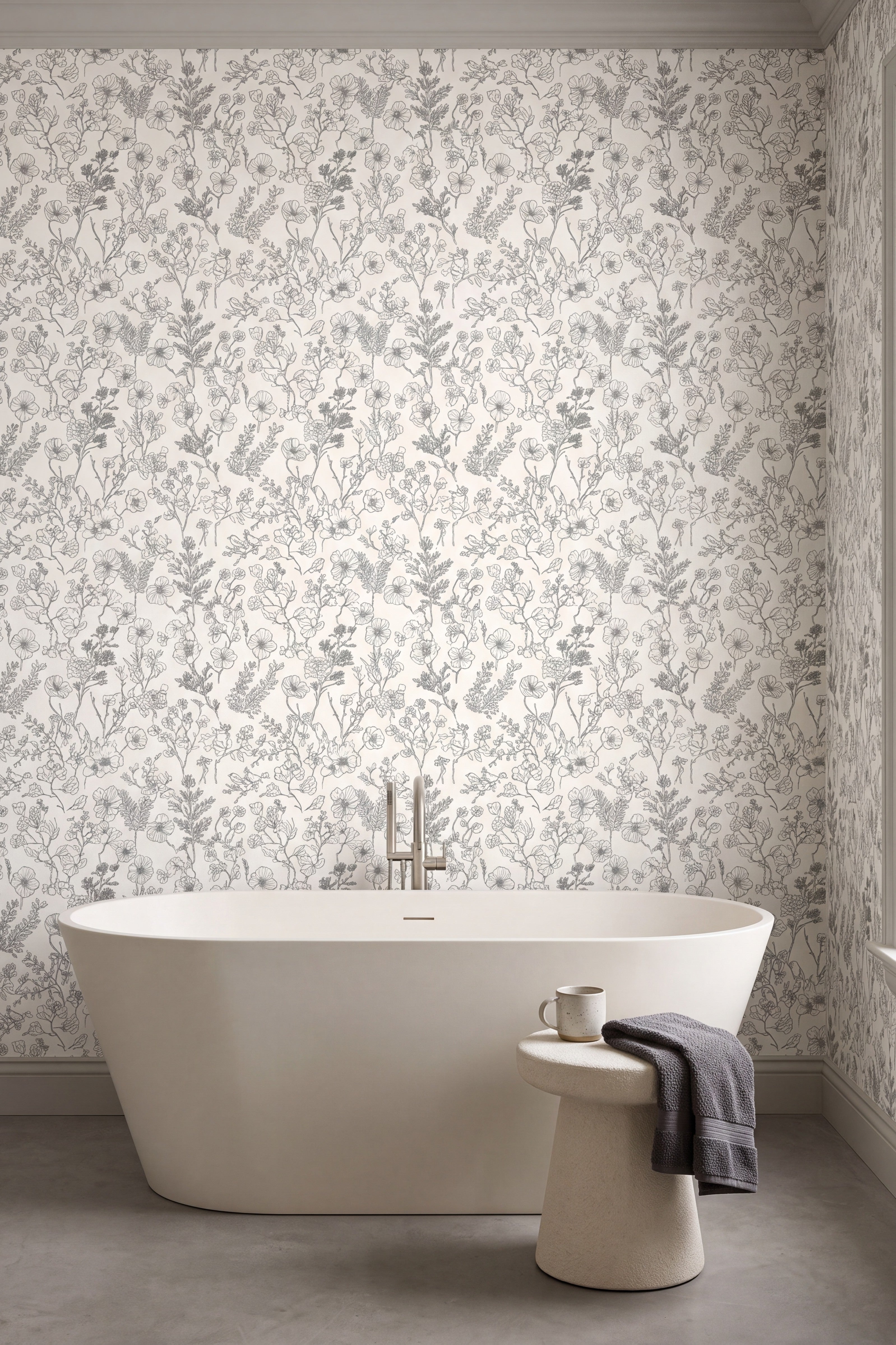 Black-and-white line-drawn flowers with hidden birds wallpaper in a bathroom.