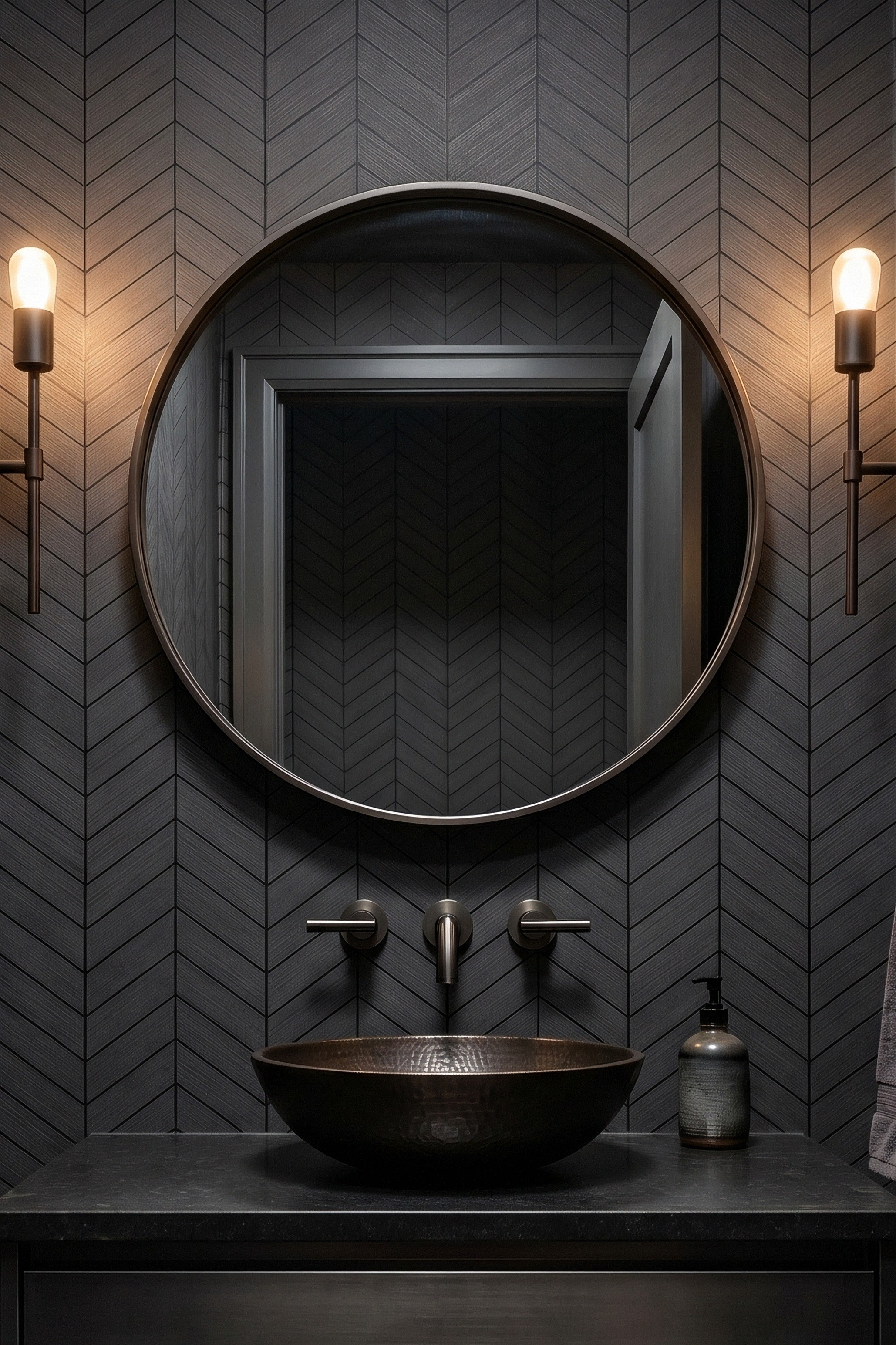 Deep charcoal herringbone weave wallpaper in a powder room.