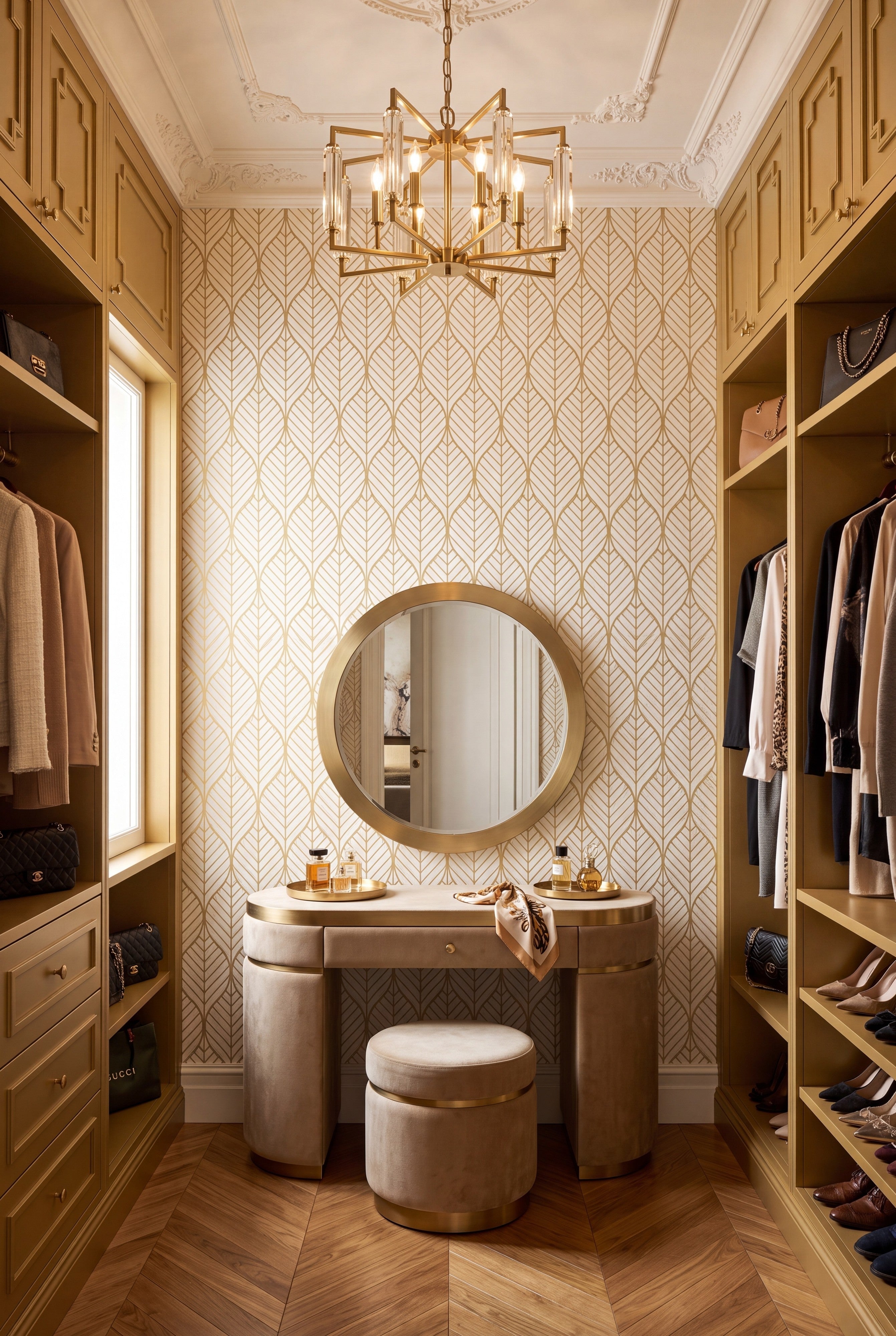 Cream and gold ogee trellis wallpaper in a dressing room.