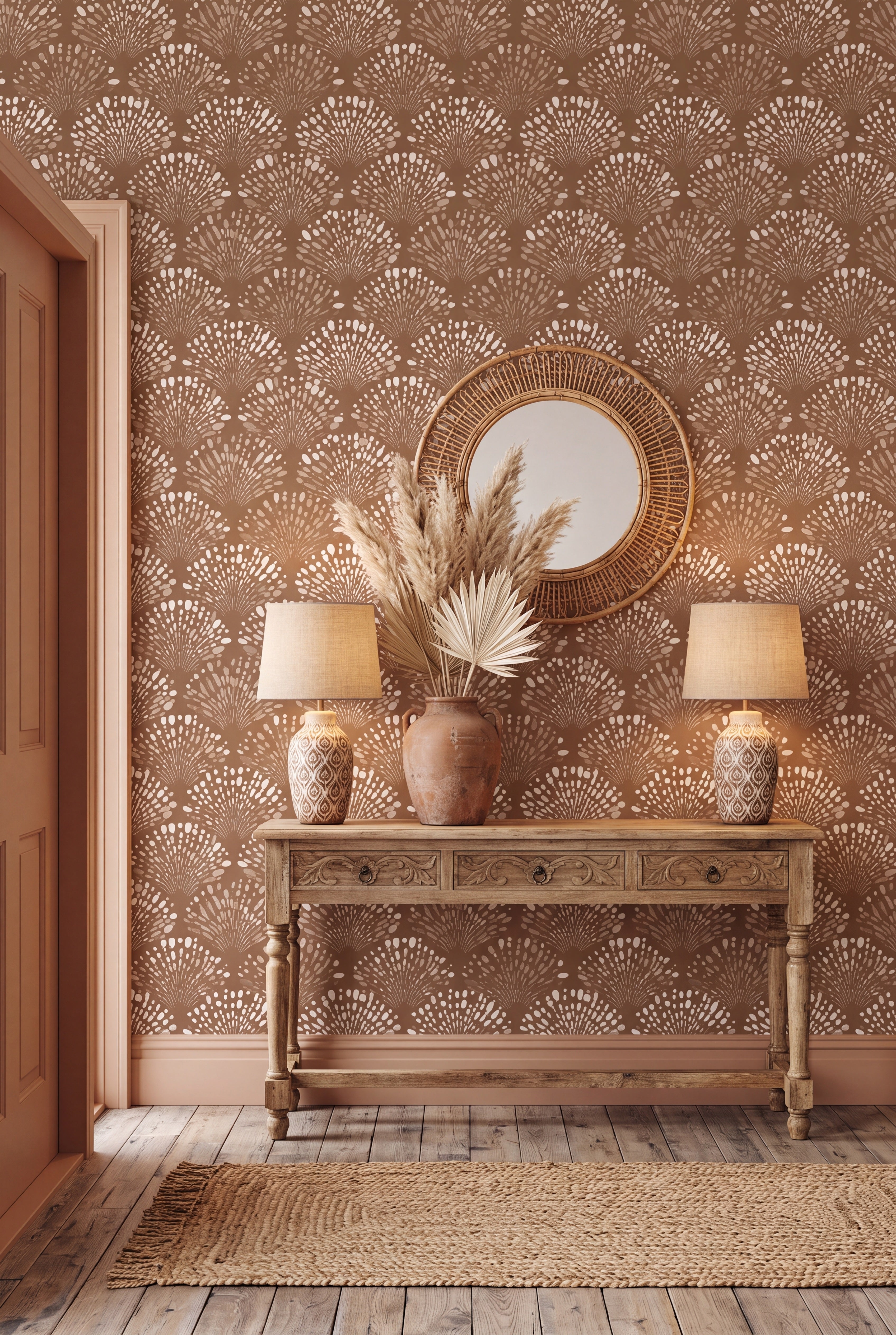 Cream and taupe radiating fan arches on warm tan wallpaper in an entryway.