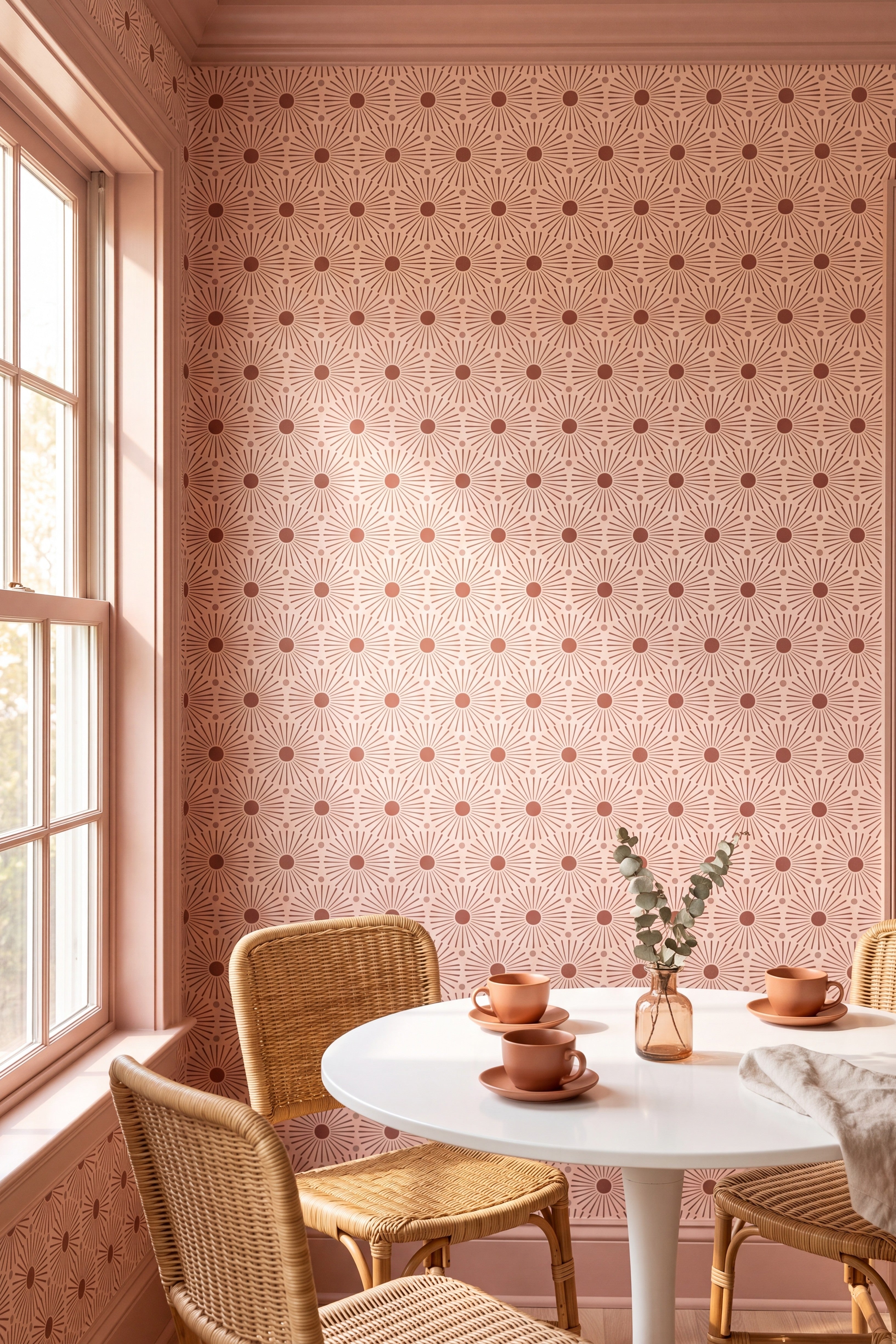Blush and terracotta radiating sunbursts on a warm wallpaper in a cozy nook.