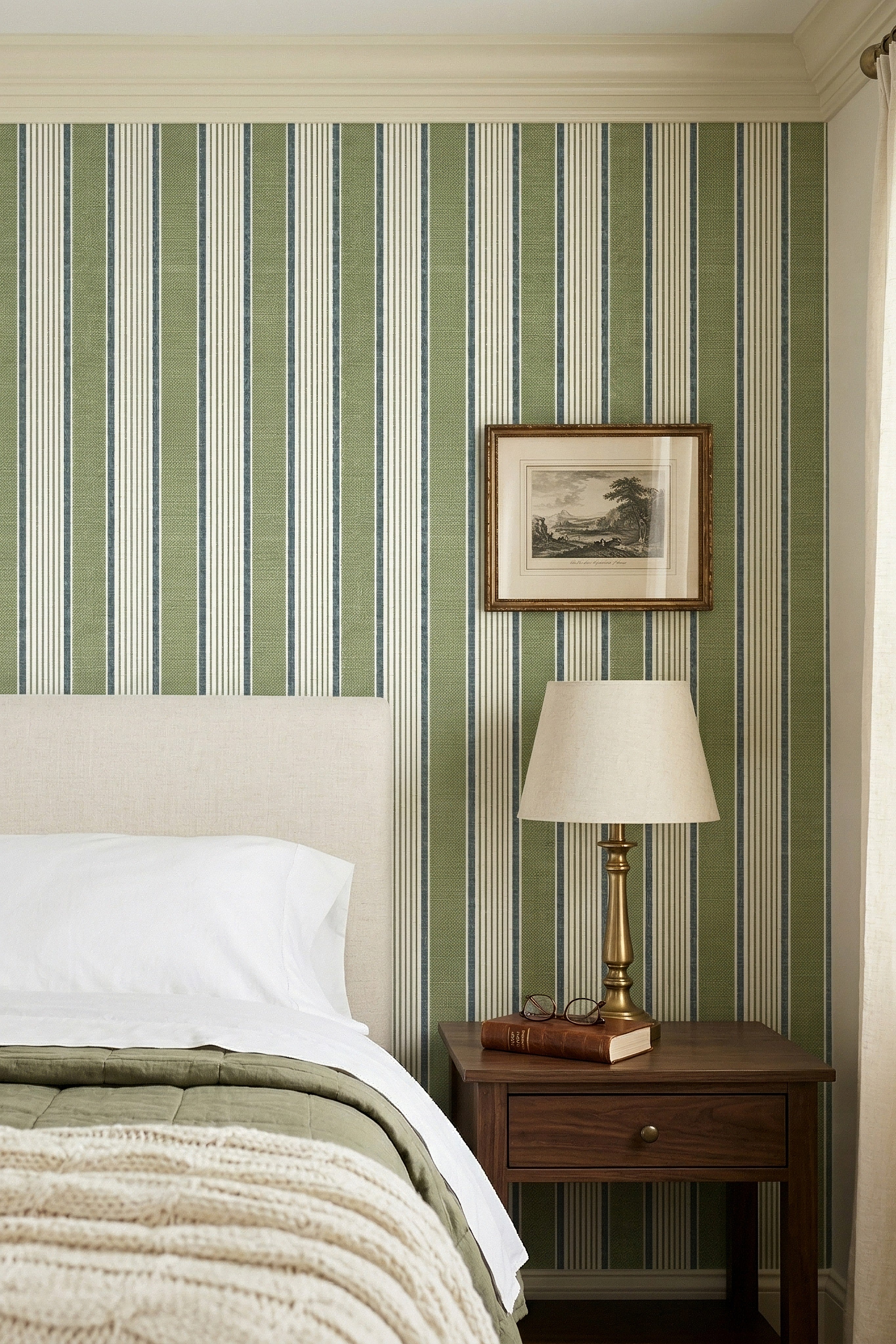 Sage-green panels with cream and blue stripes wallpaper in a bedroom.
