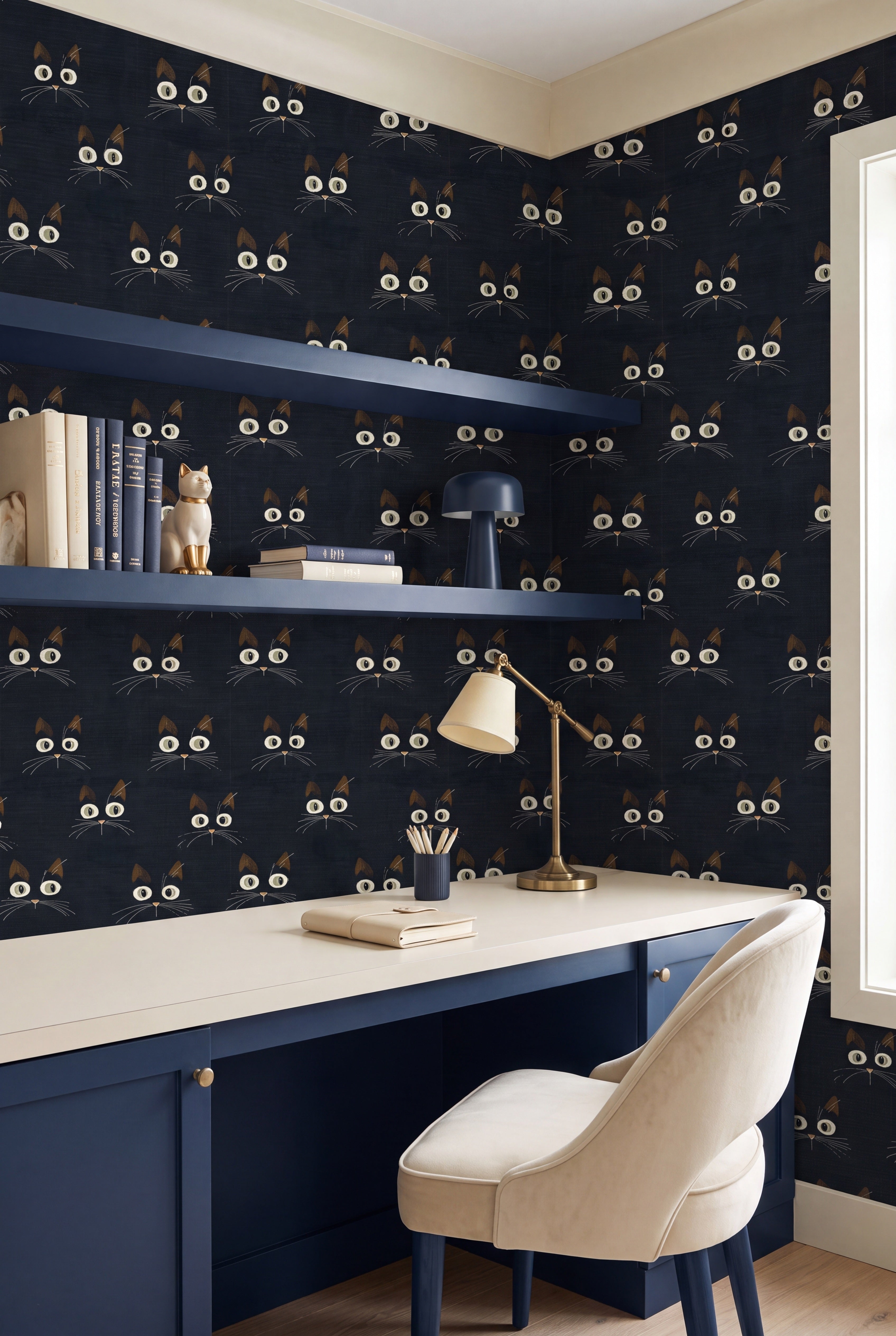 Whimsical cream and pink cat faces on black wallpaper in a home office.