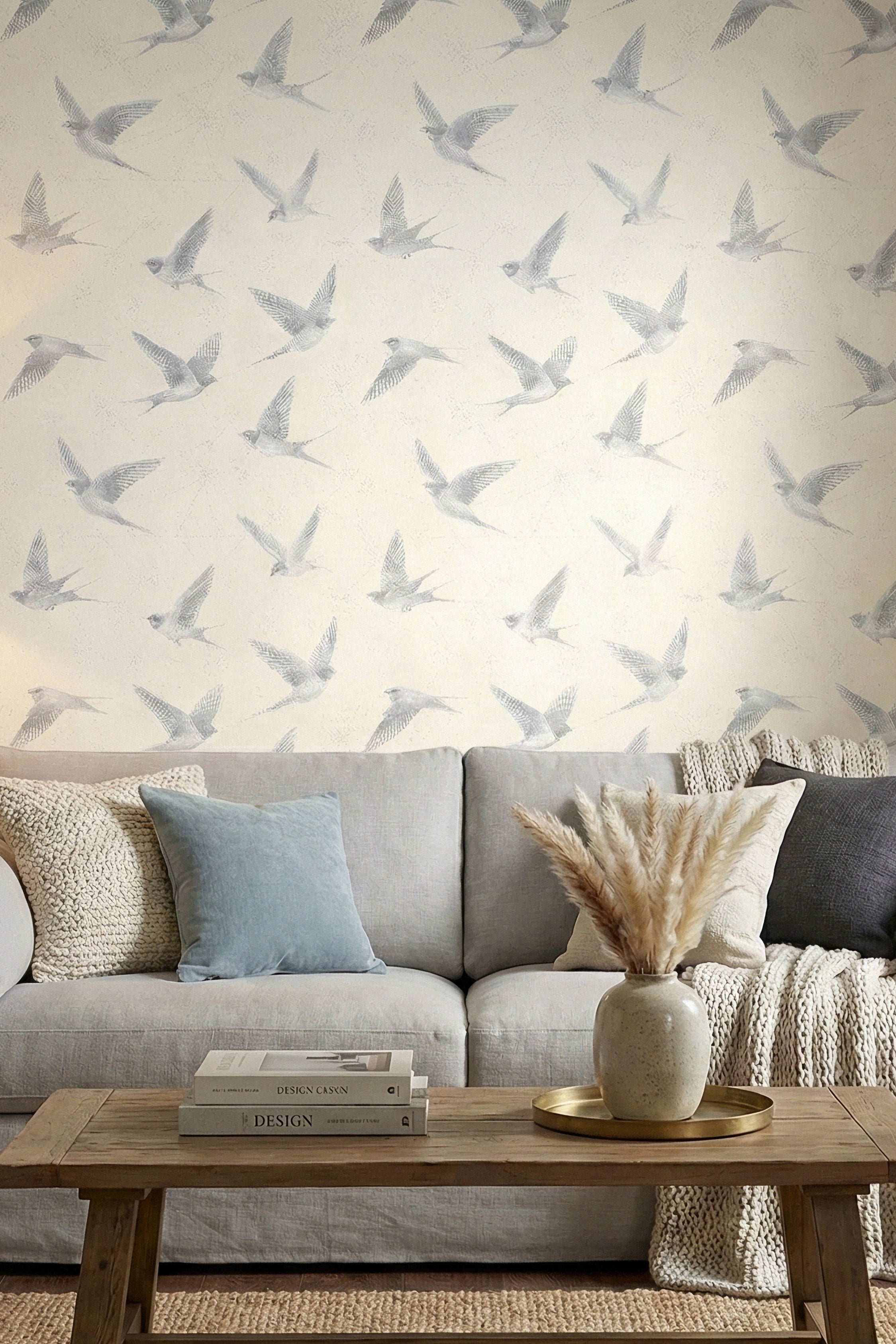 Grey swallows in flight on a warm cream wallpaper in a living room.