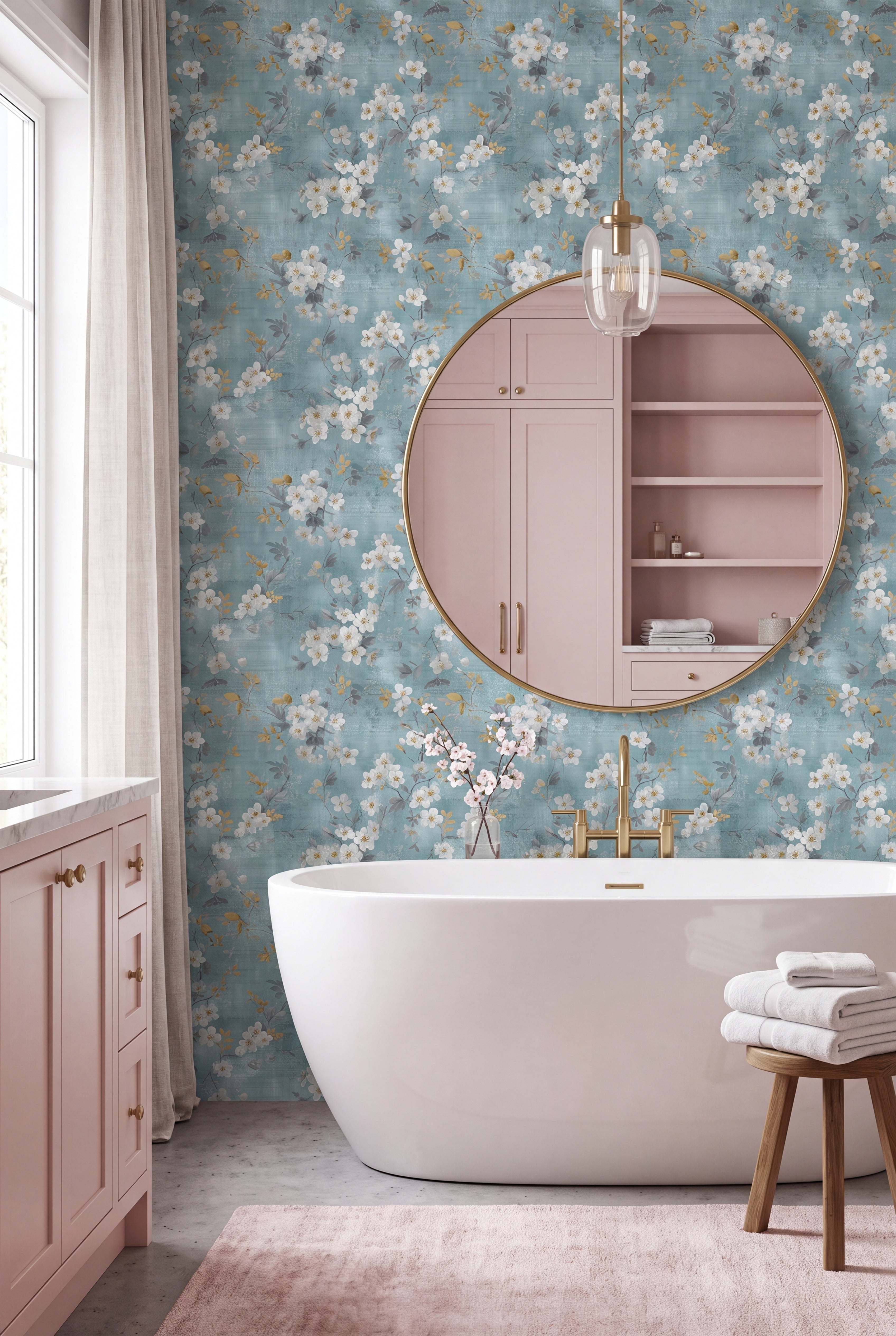 White blossoms and gold leaves on a soft teal-blue wallpaper in a bathroom.
