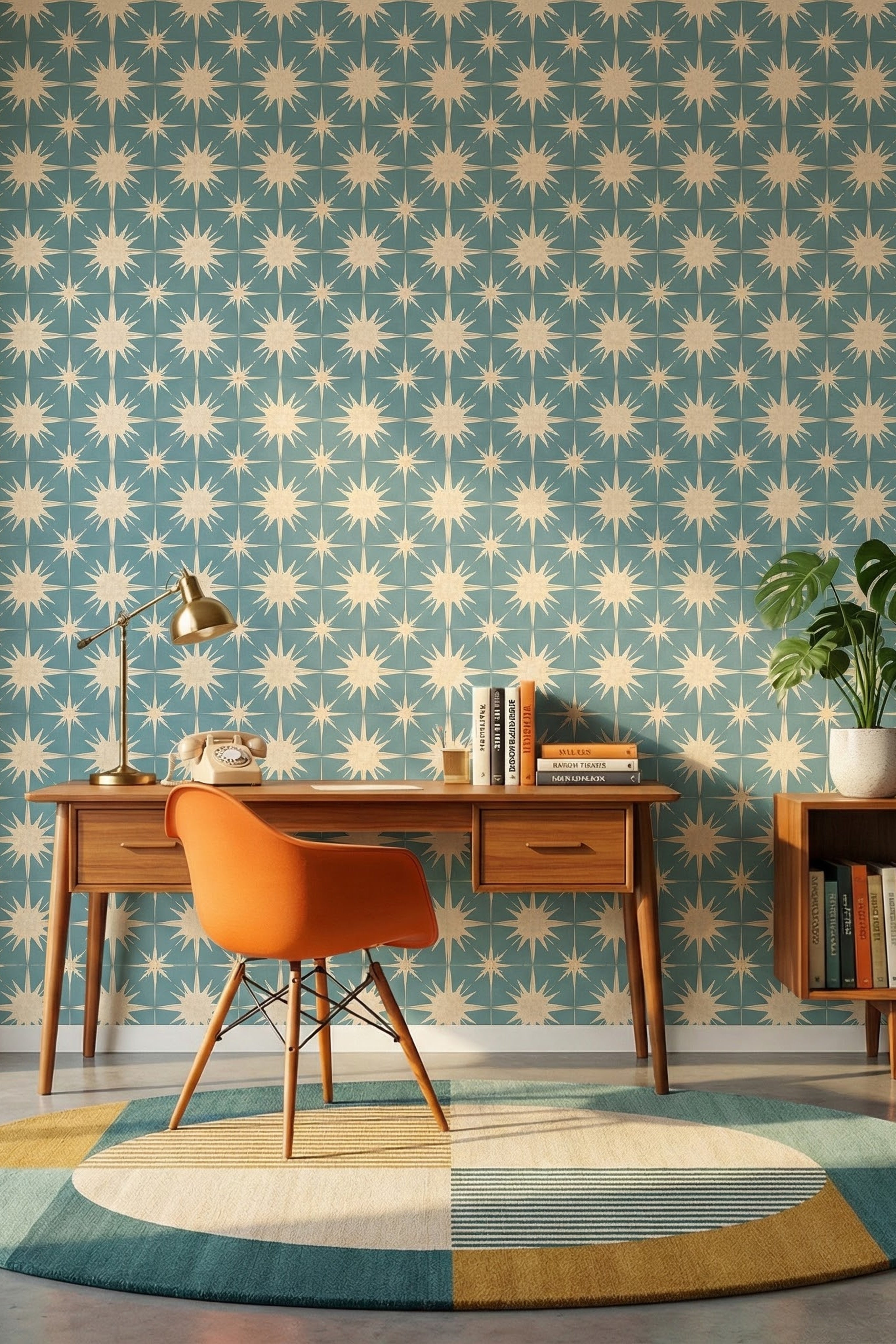 Retro teal and cream starbursts on a midcentury wallpaper in a home office.