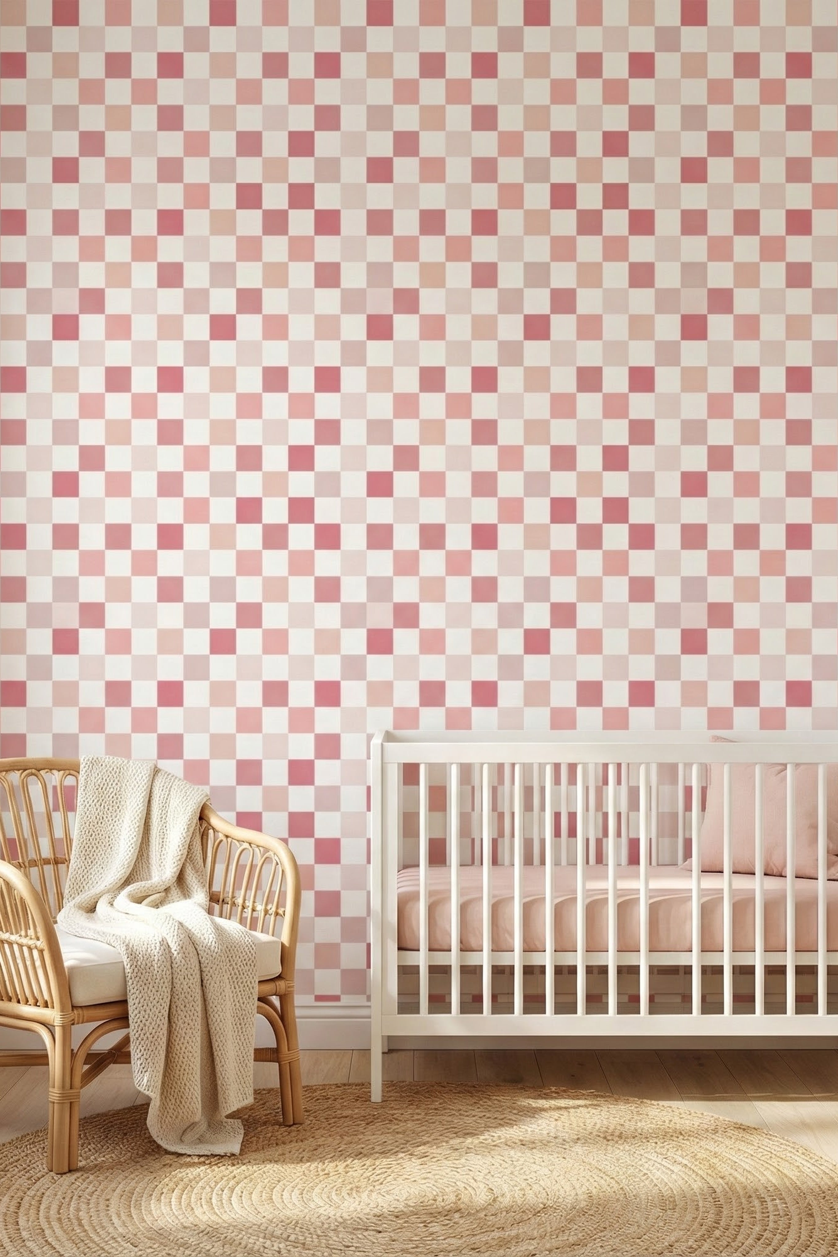 Blush and rose gingham check wallpaper in a nursery.