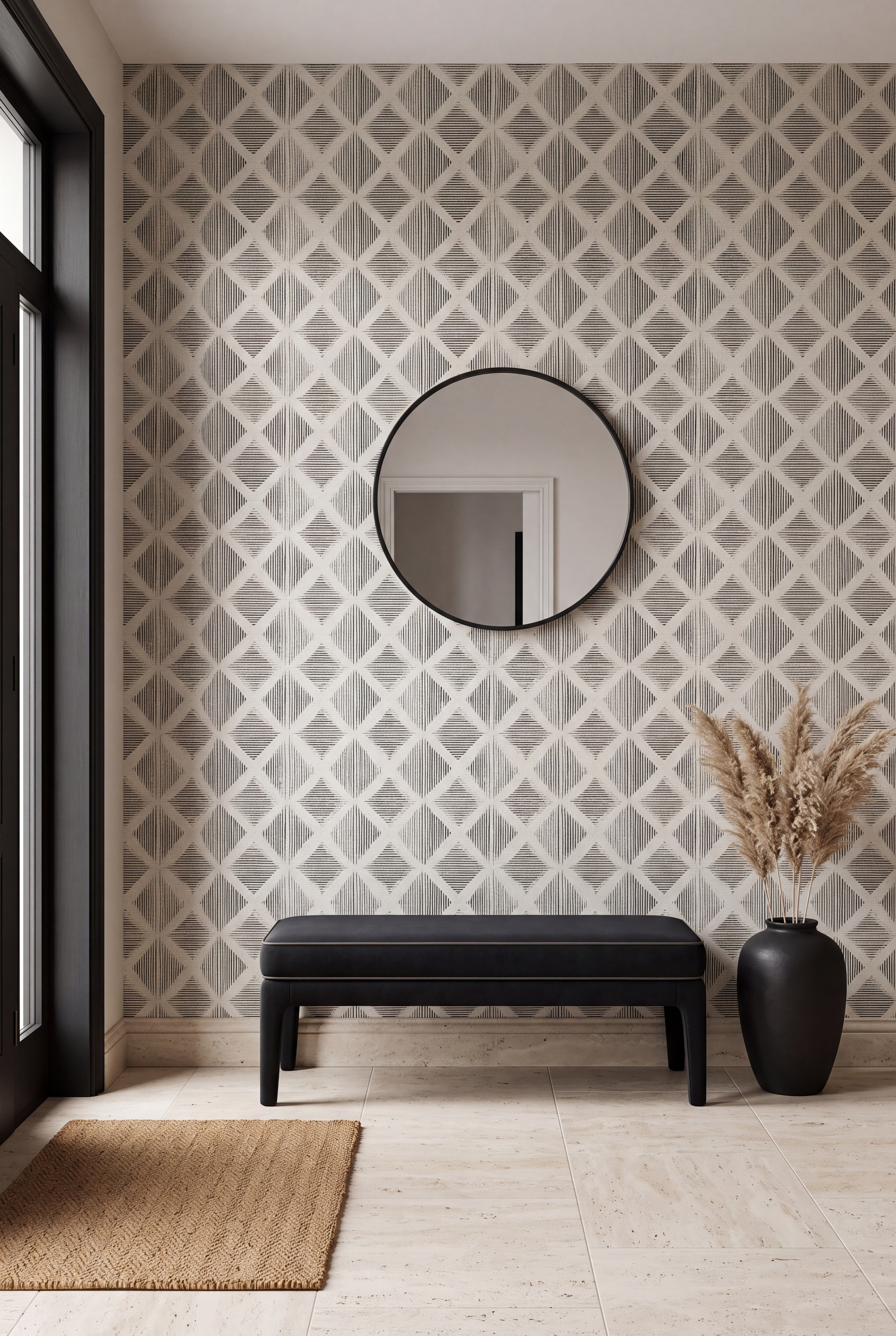 Black line diamonds on ivory wallpaper on an accent wall.