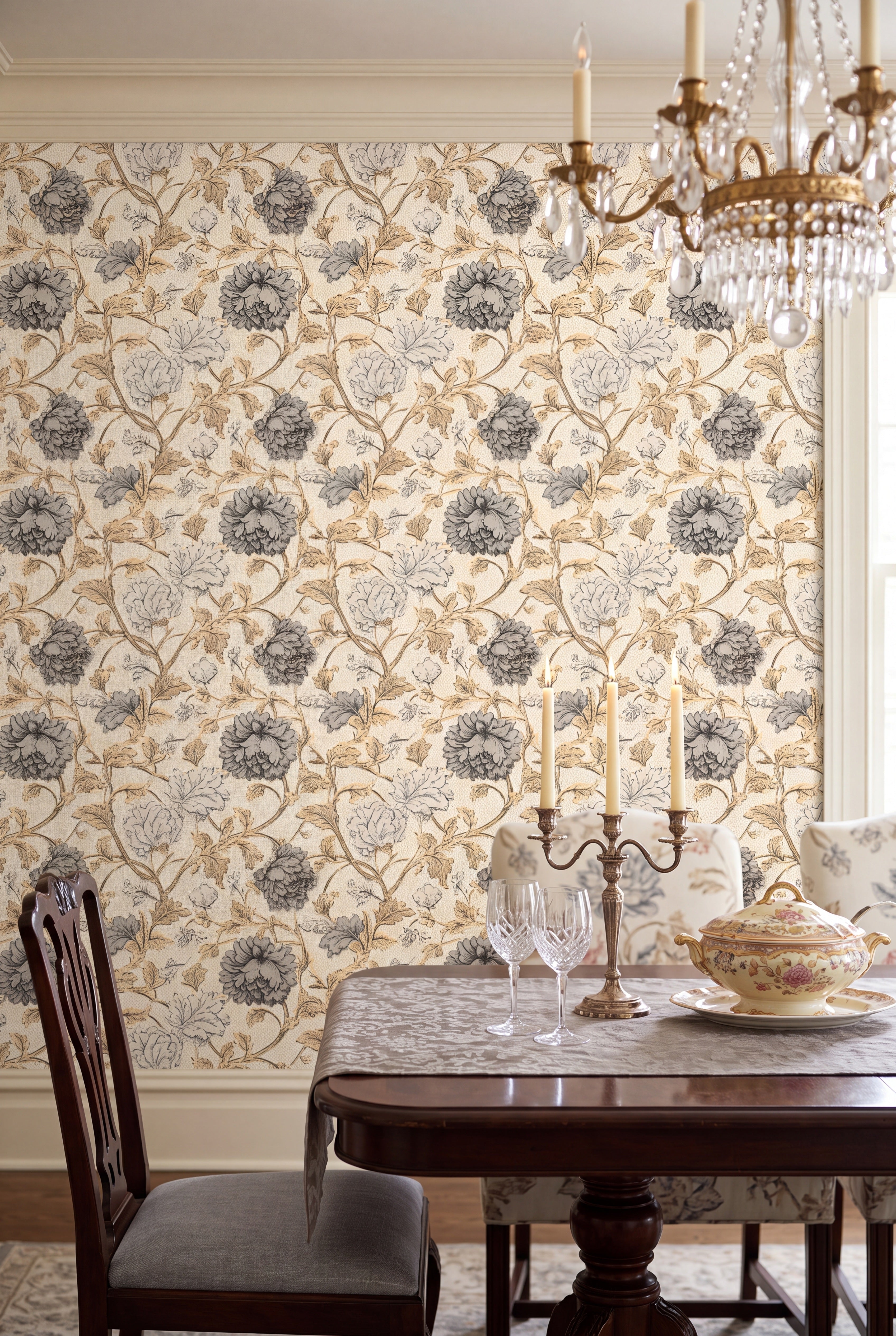 Golden vines and soft gray blooms on a cream wallpaper in a dining room.