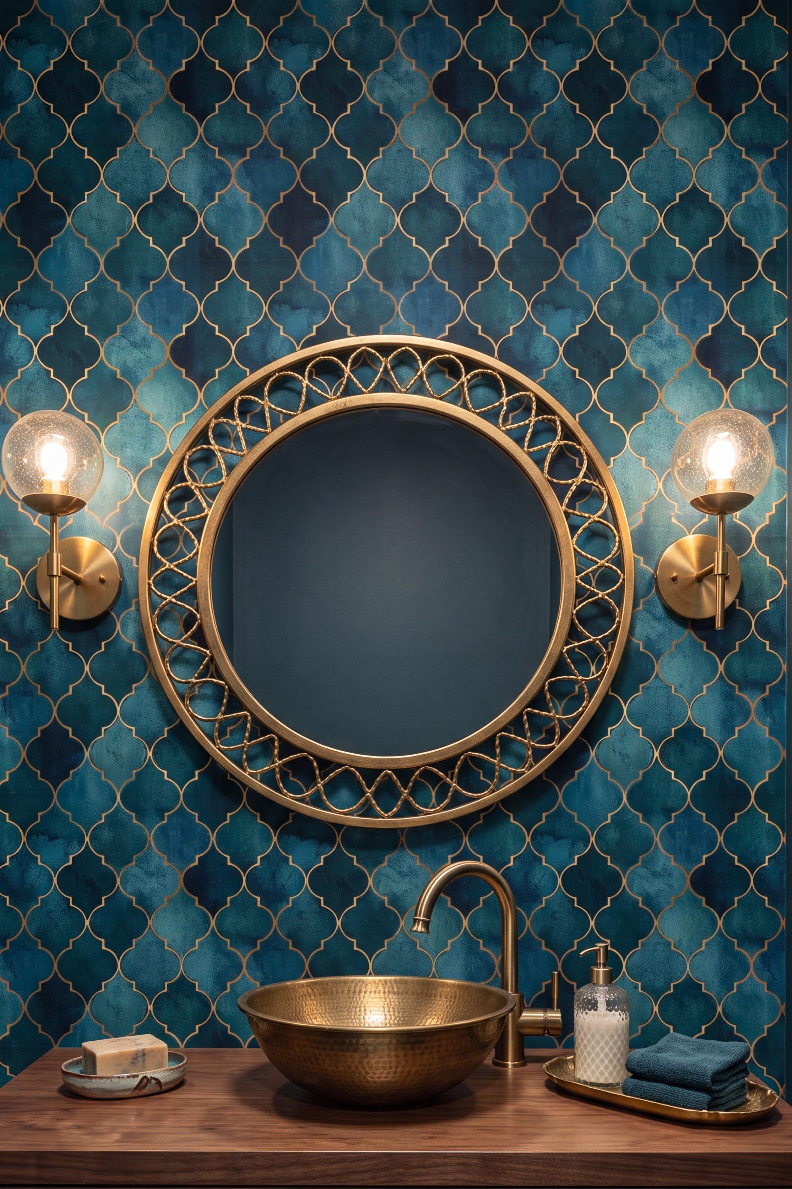 Teal and gold Moroccan trellis wallpaper in a powder room.