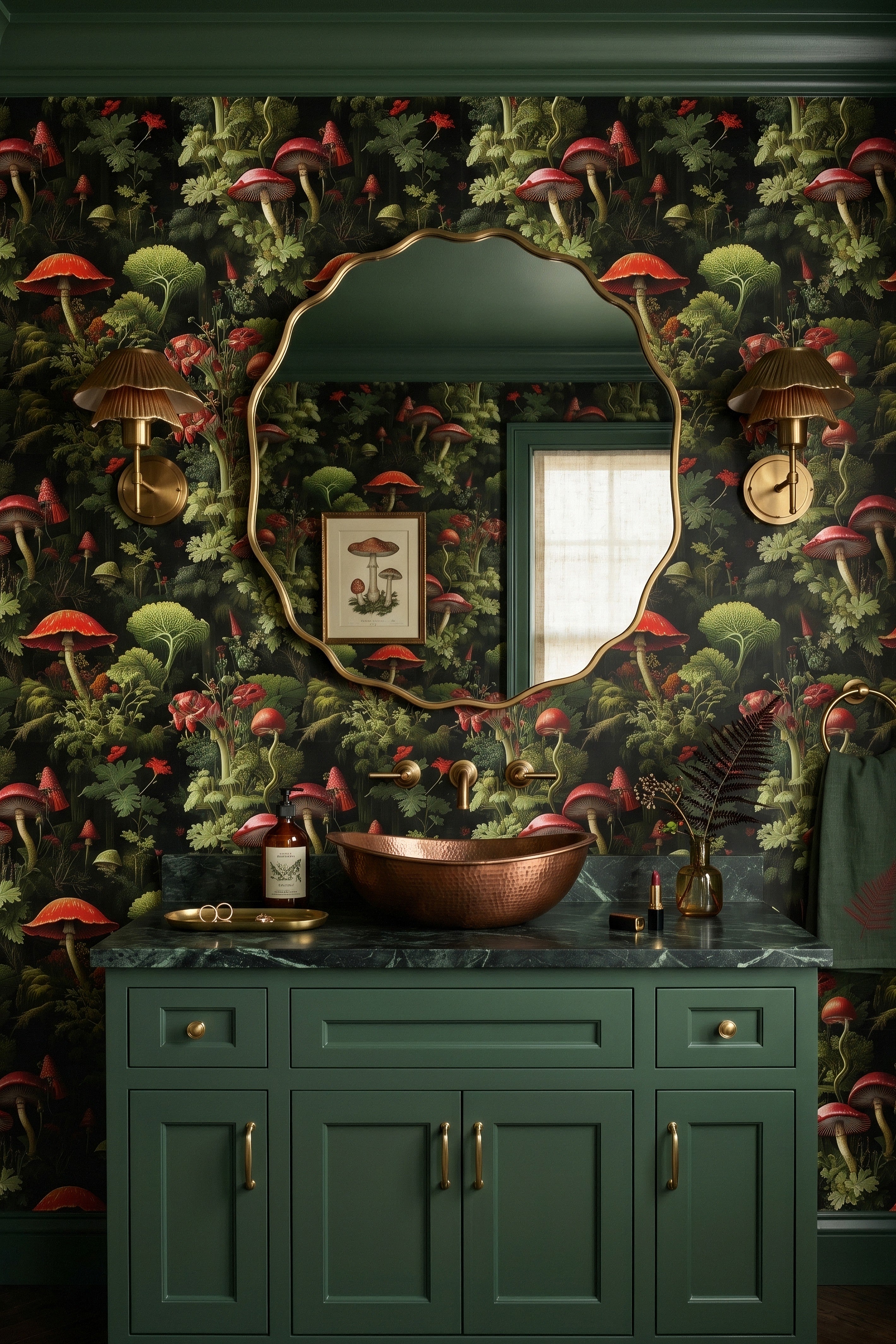 Vintage toadstools and warm forest foliage on a wallpaper in a powder room.