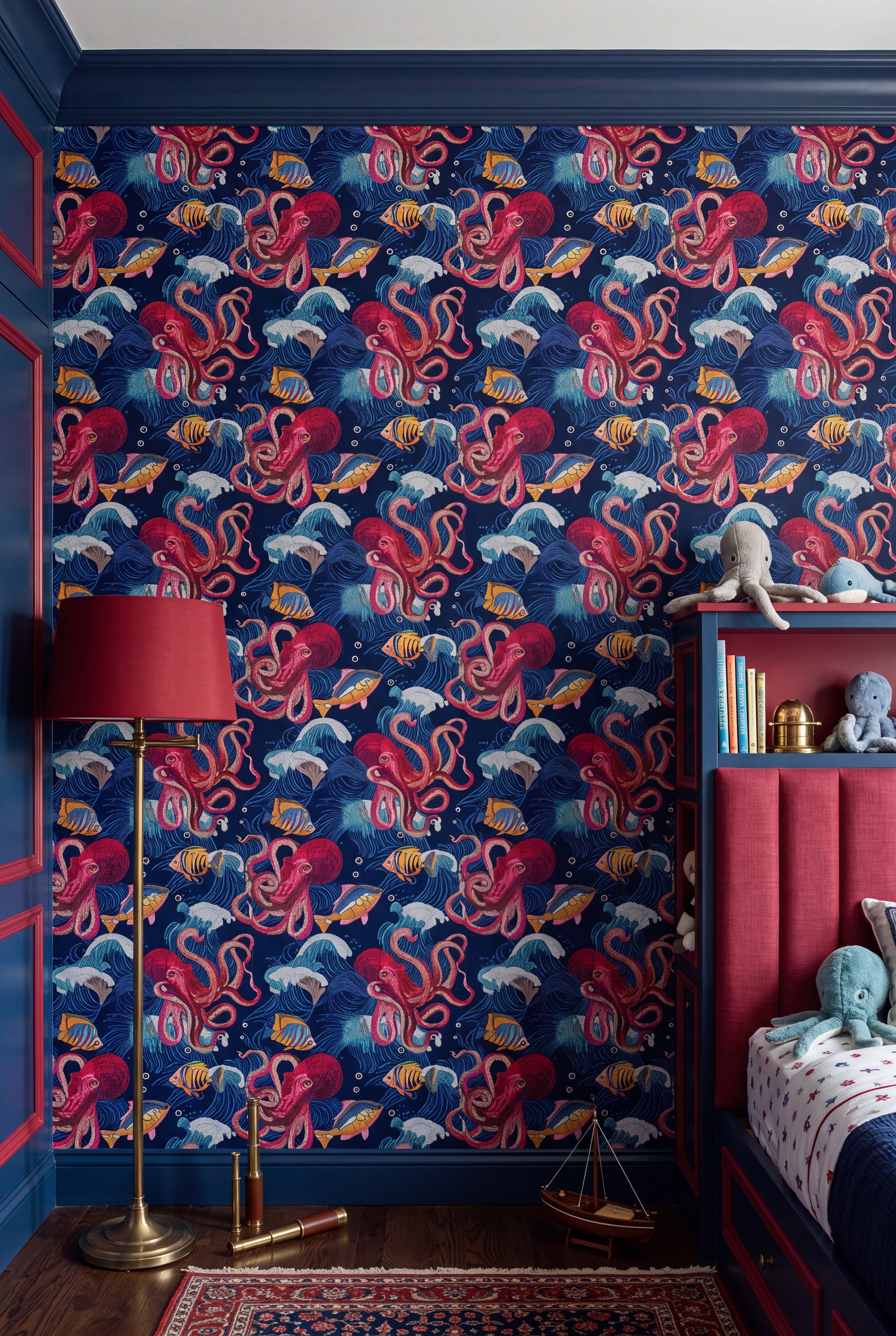 Navy and coral octopus and fish on an underwater wallpaper in a kids' room.