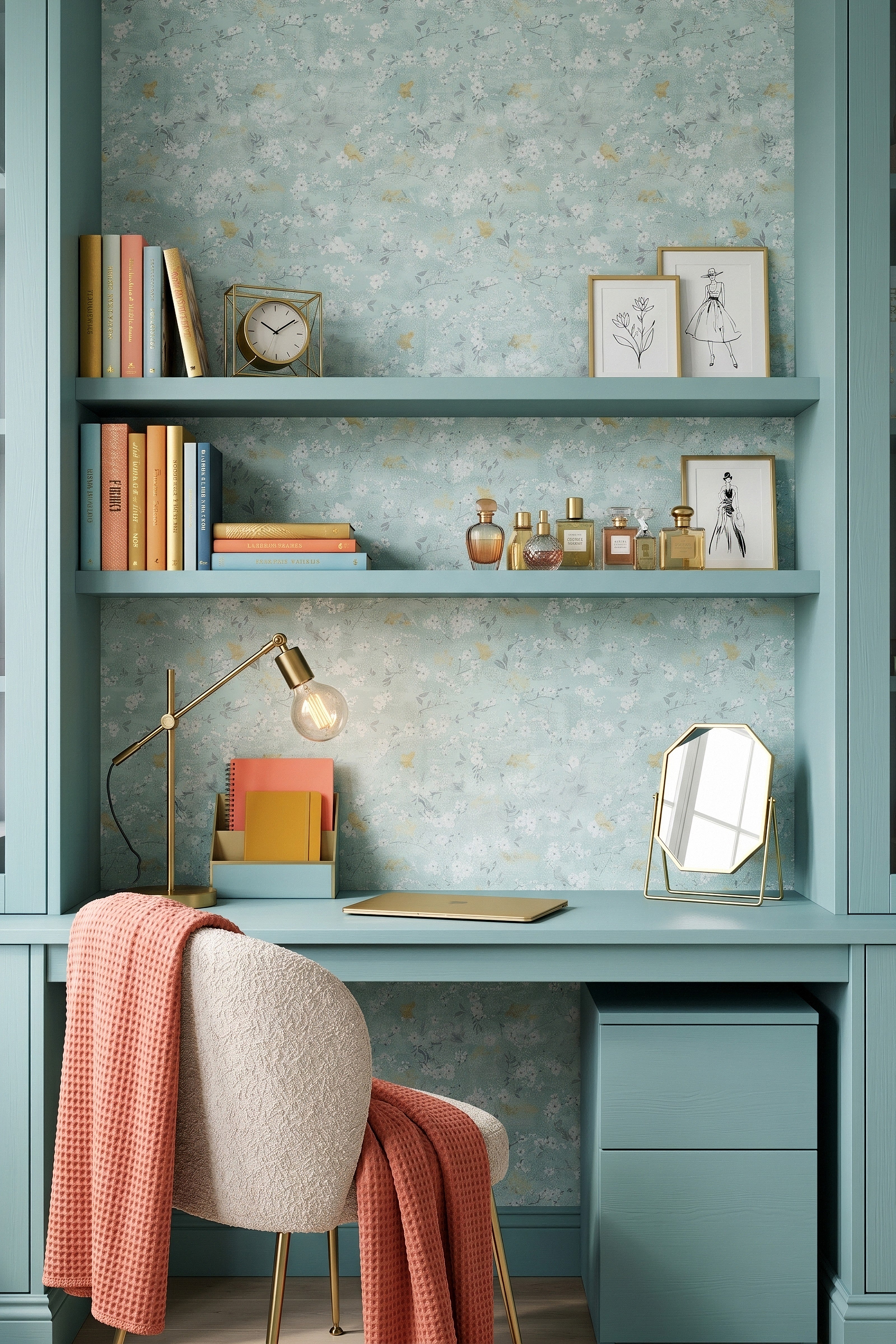 White blossoms and small birds on soft mint-blue wallpaper in a home office.