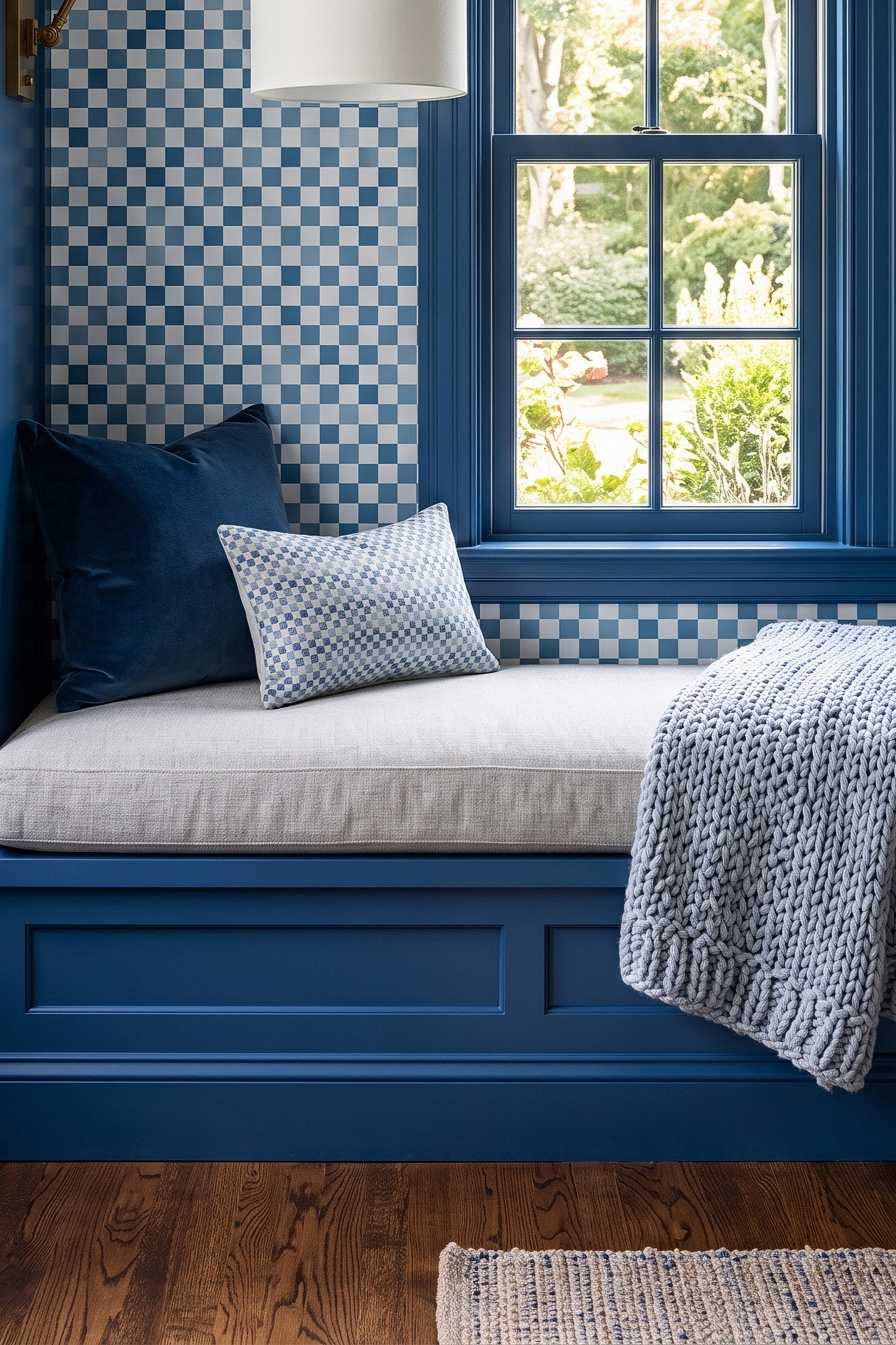 Blue checkerboard gingham wallpaper in a window nook.