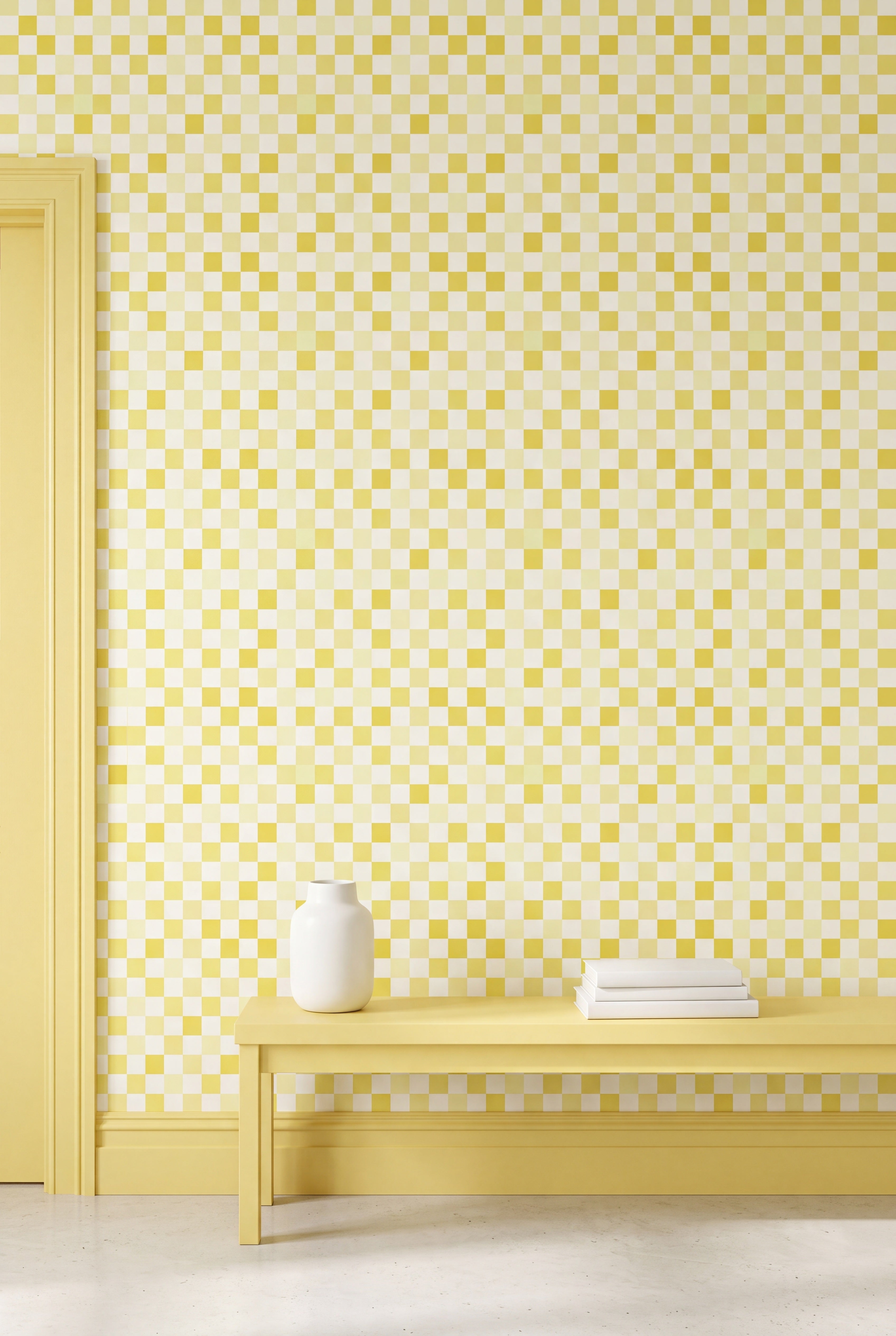 Soft yellow and white checkerboard wallpaper on an accent wall.