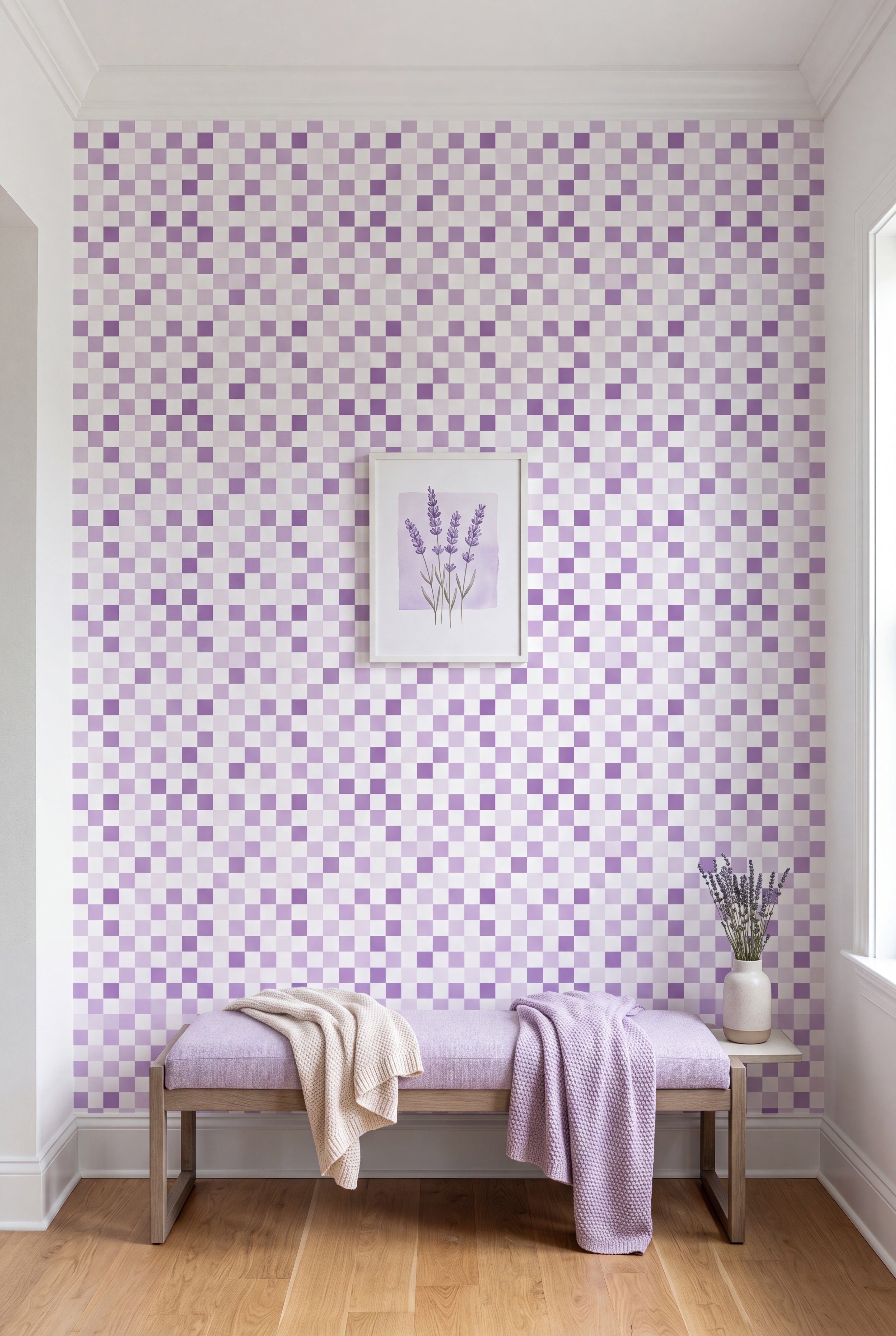 Soft lilac and white checkerboard wallpaper on an accent wall.