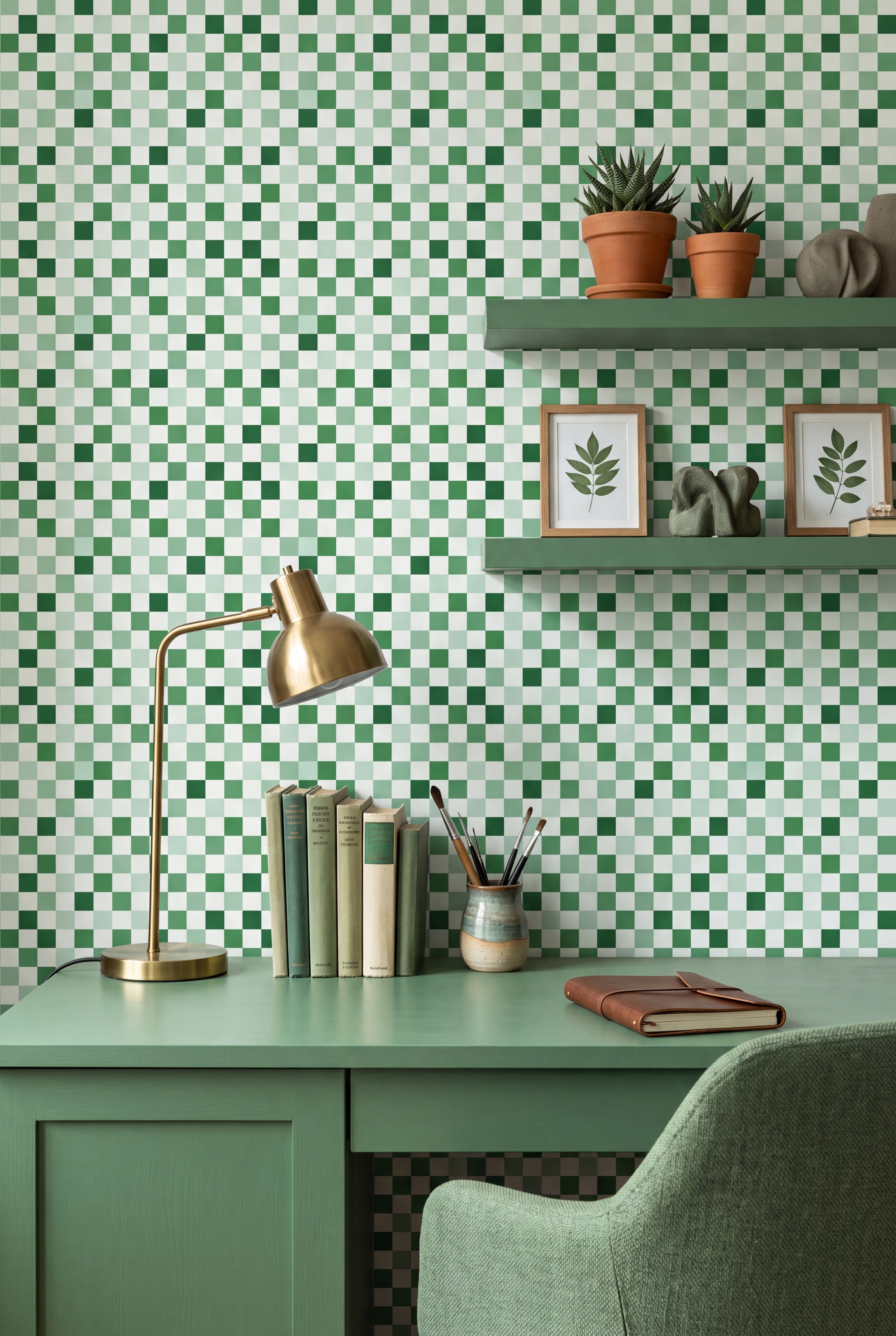 Sage-green mosaic checkerboard wallpaper in a home office.