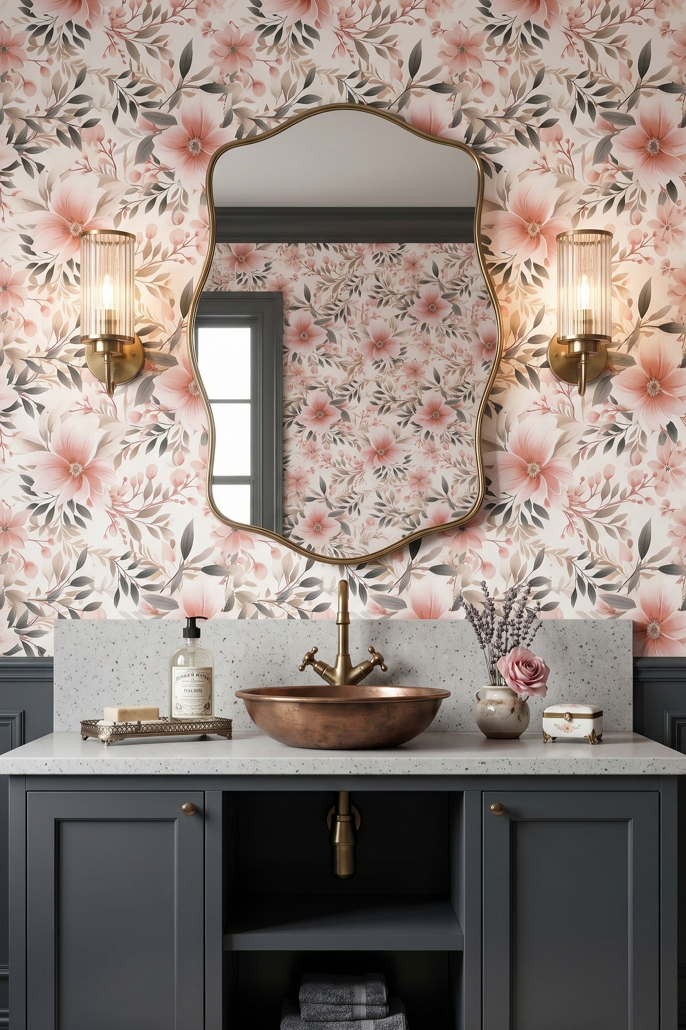 Soft blush florals and green leaves on a light wallpaper in a powder room.