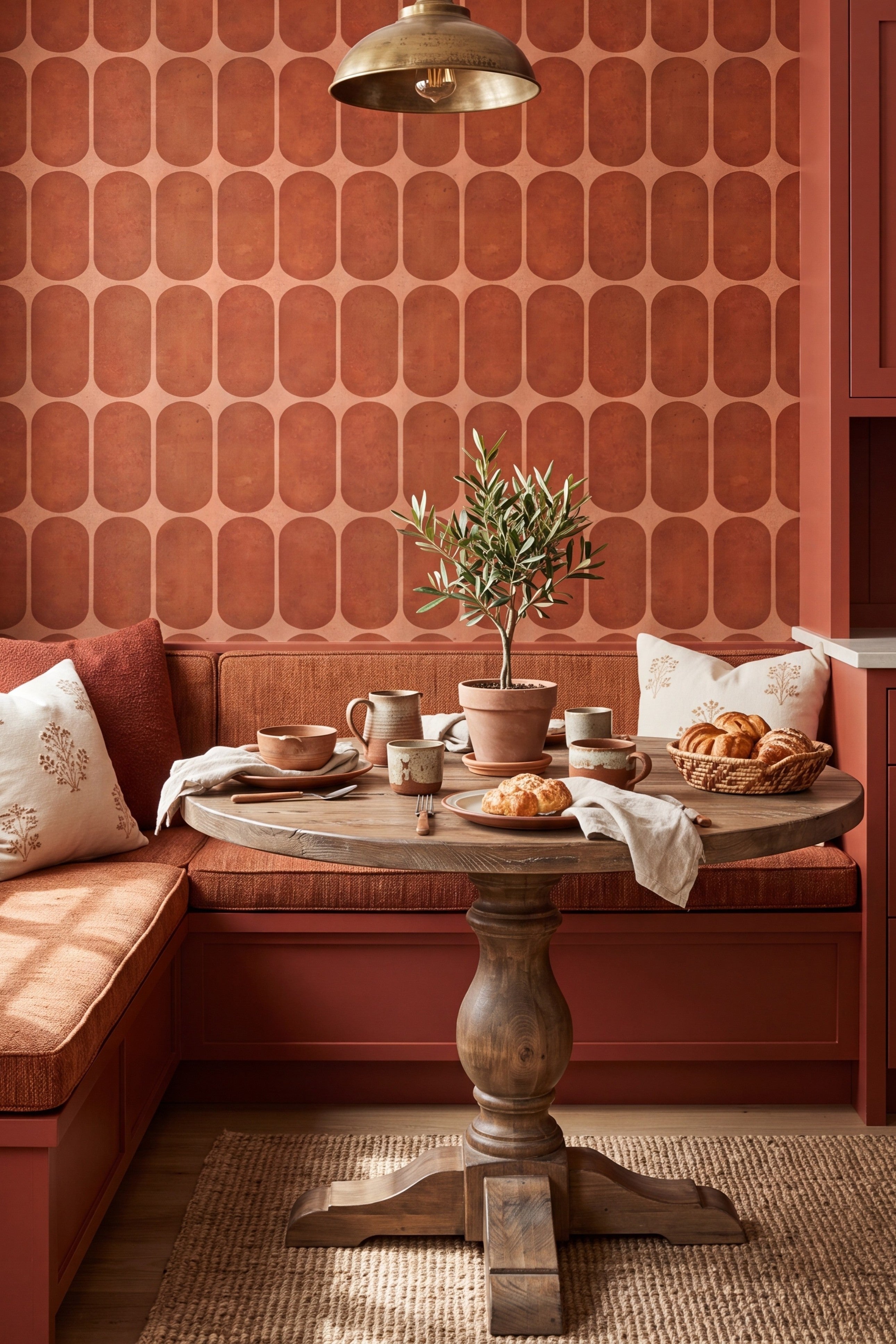 Terracotta scalloped tile wallpaper in a breakfast nook.