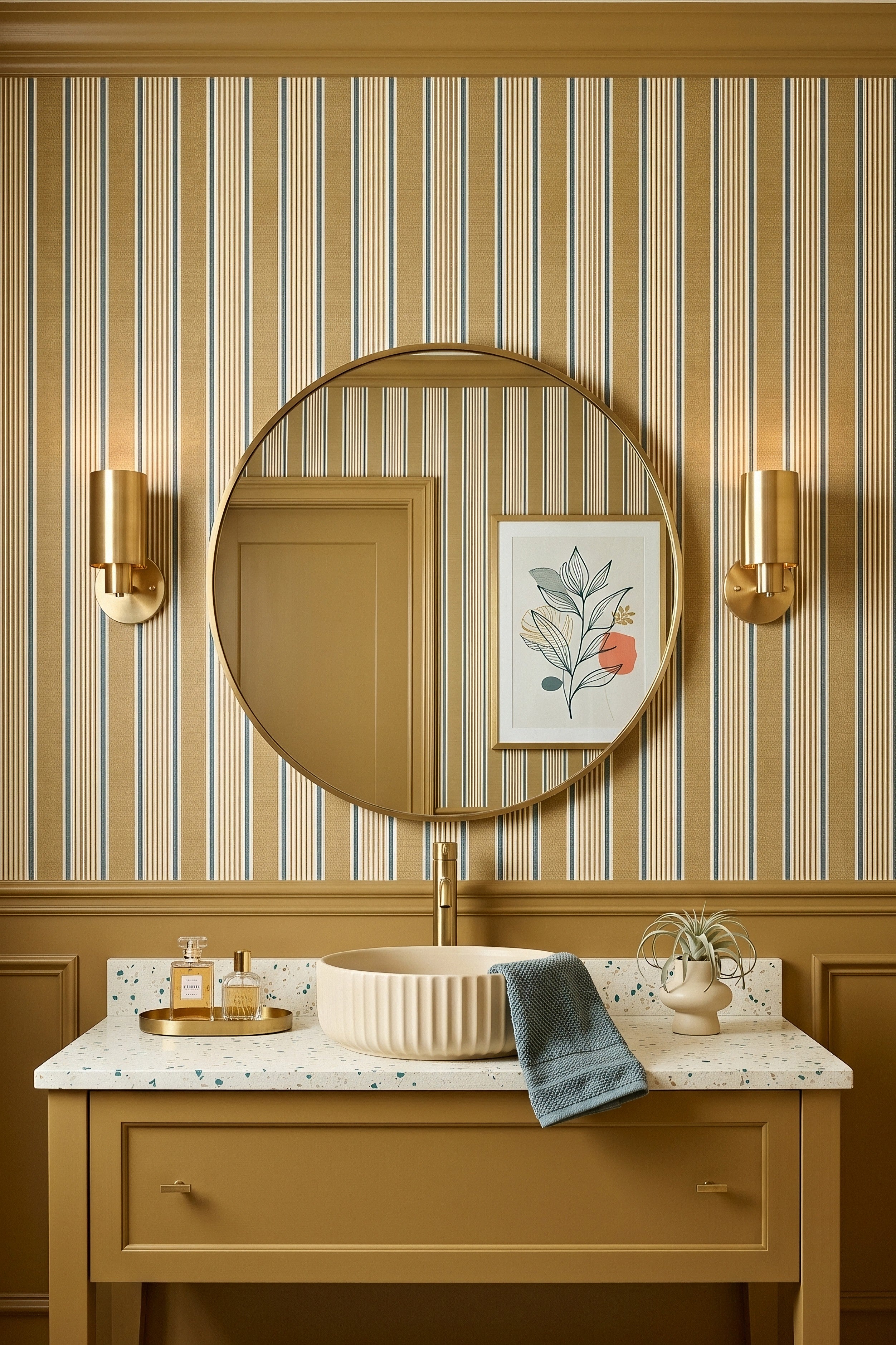 Mustard gold and teal vertical stripe wallpaper in a powder room.