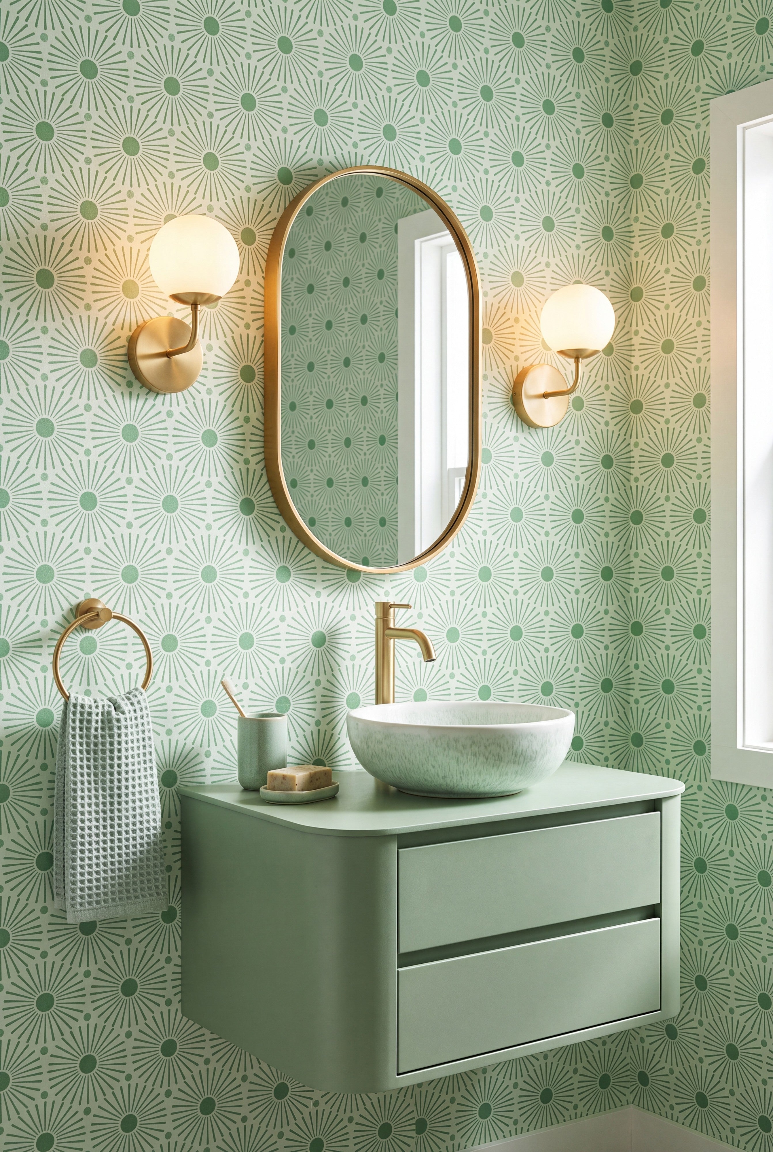 Soft green medallion dot wallpaper in a powder room.