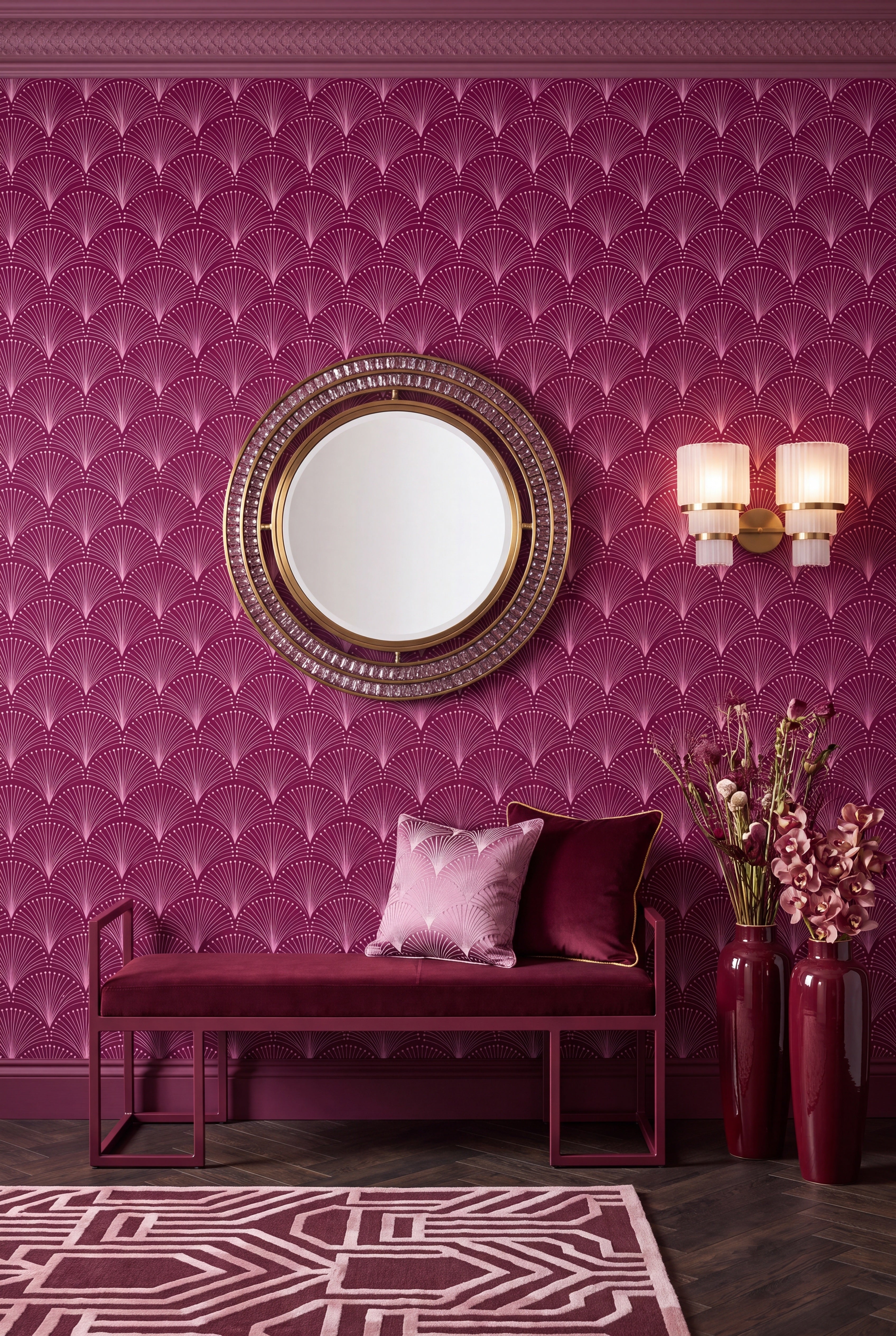 Plum and pink scalloped fans on a deco-style wallpaper on an accent wall.