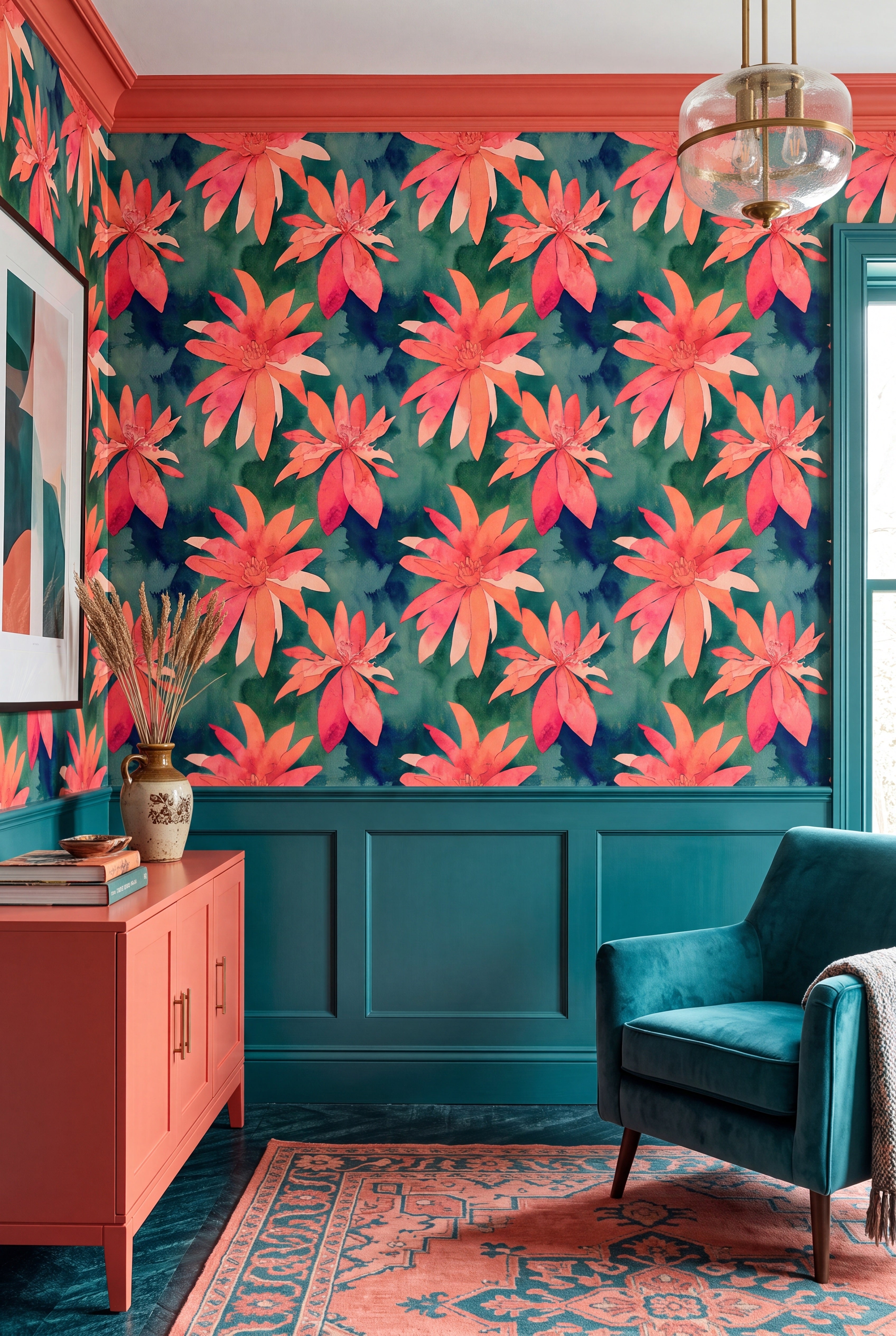 Watercolor tropical blooms and palm fronds wallpaper in a living room.