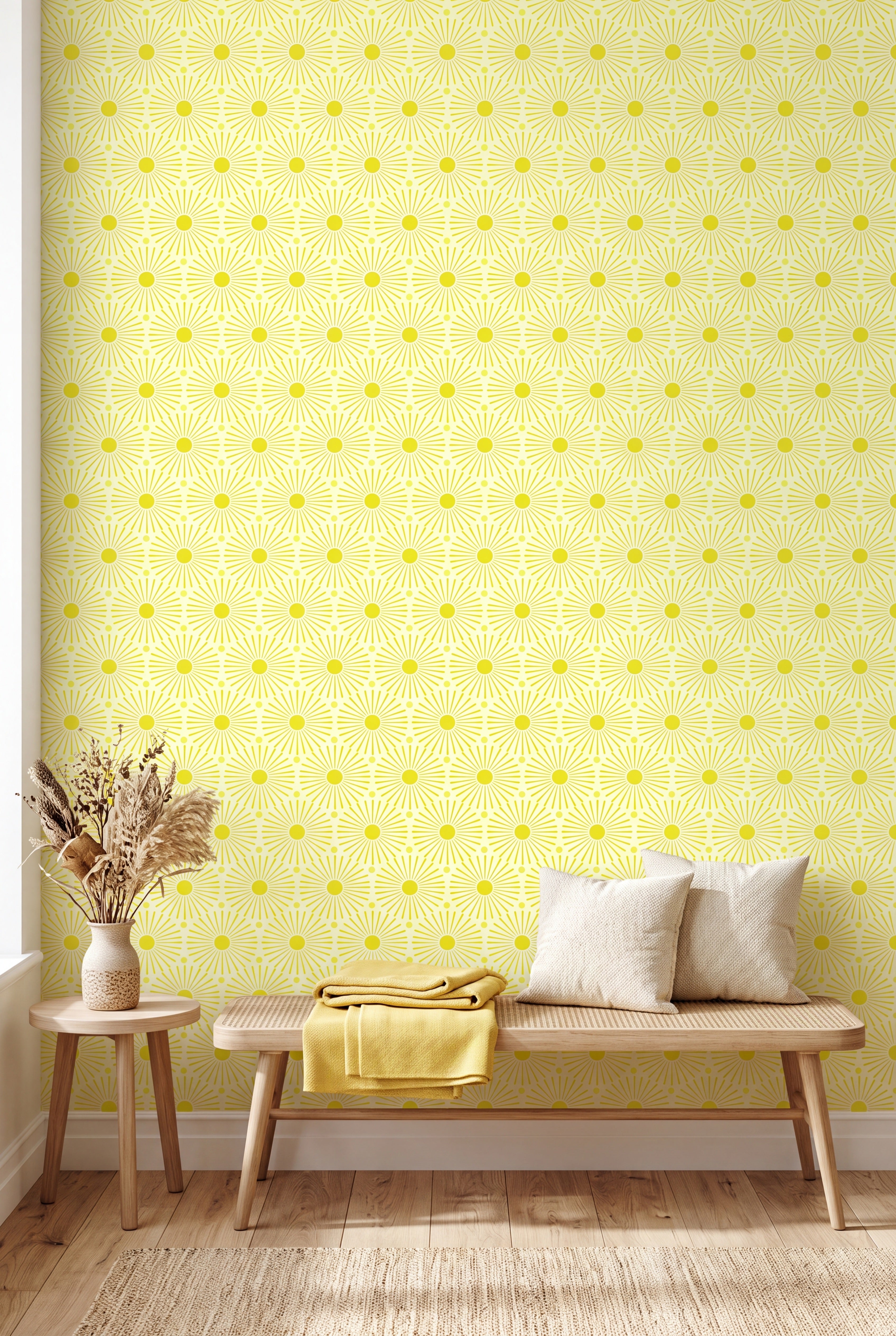 Sunny yellow and lime sunburst wallpaper brightening an accent wall.