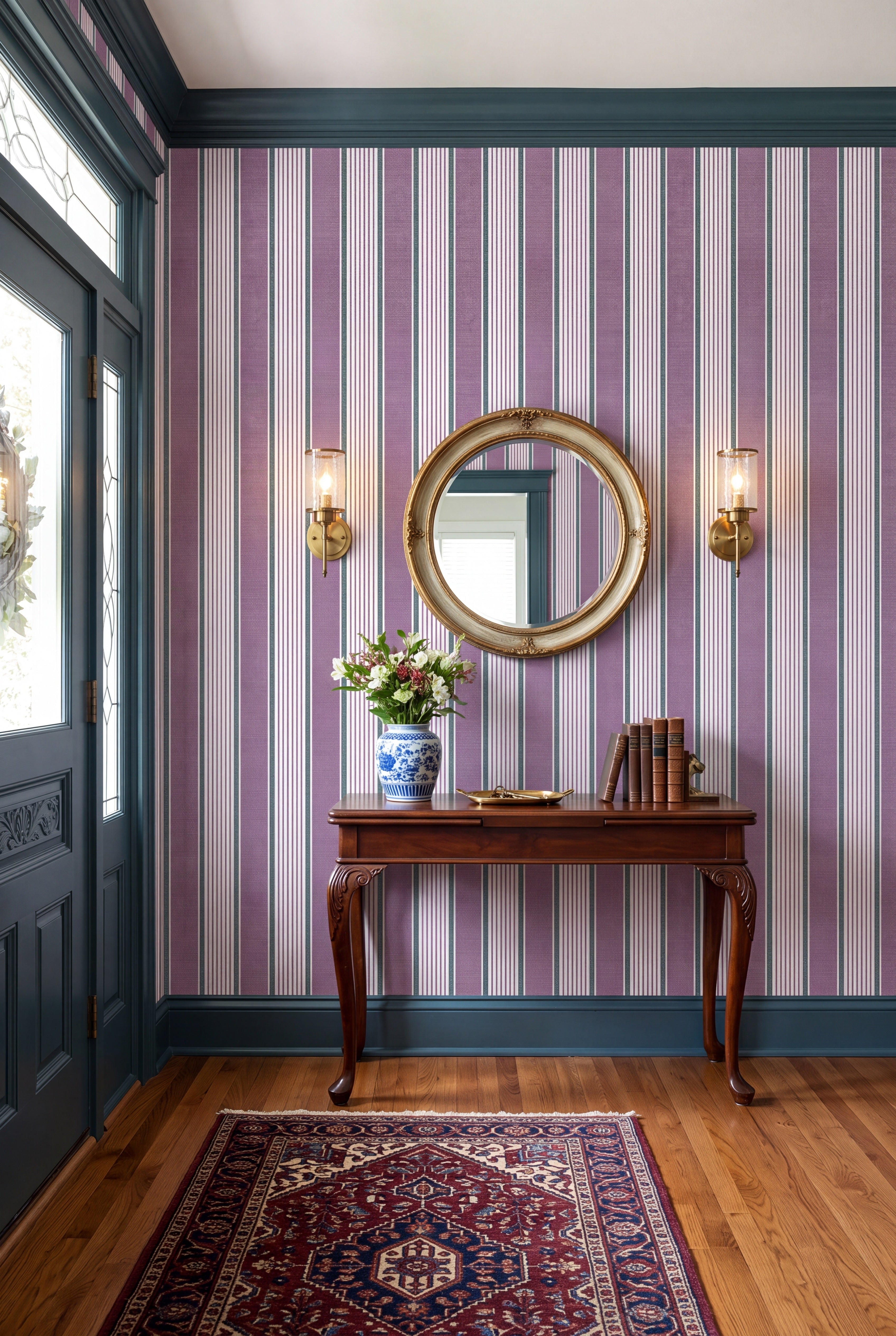 Lavender, cream and sage vertical stripe wallpaper in an entryway.