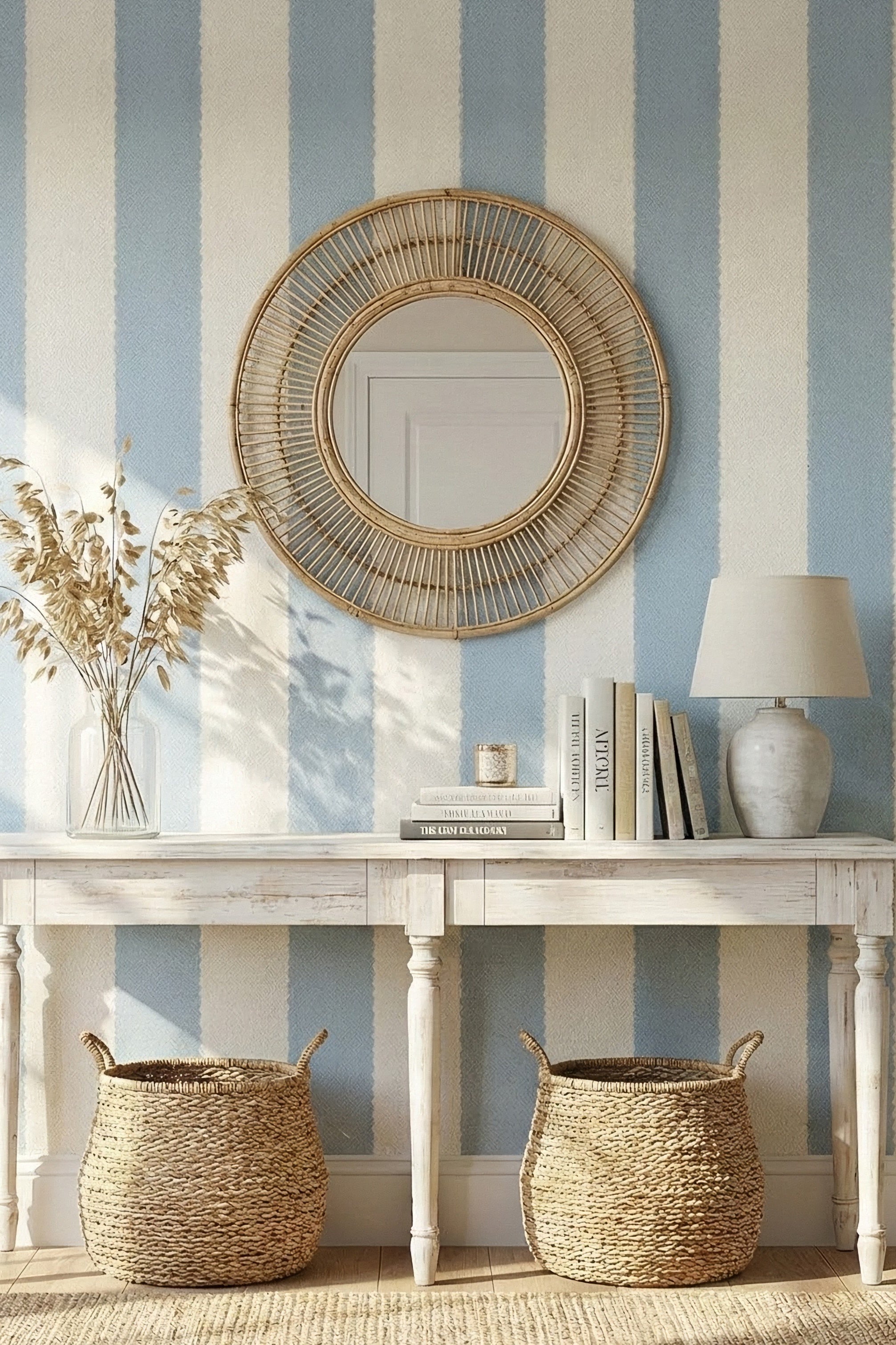 Blue and white scalloped stripes on a coastal wallpaper in an entryway.