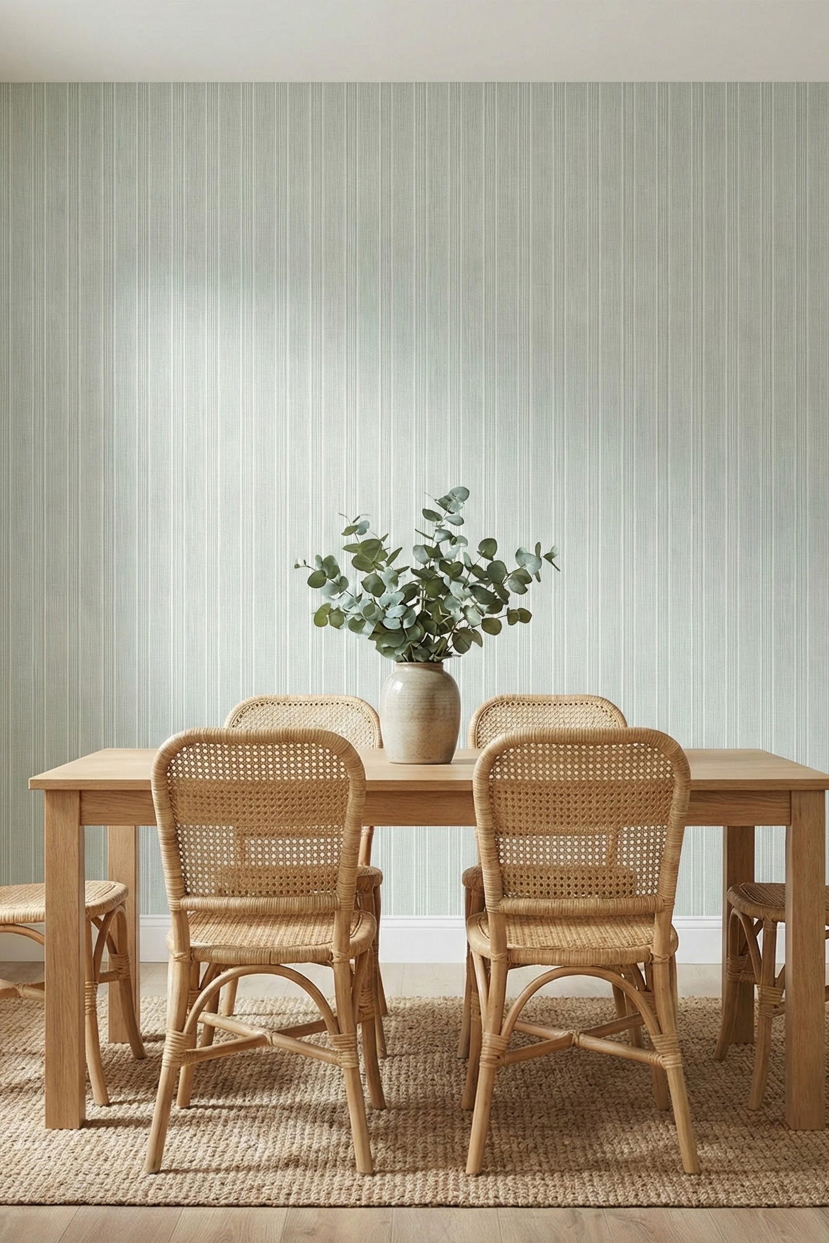 Slim sage-green pinstripes on a light wallpaper in a dining room.