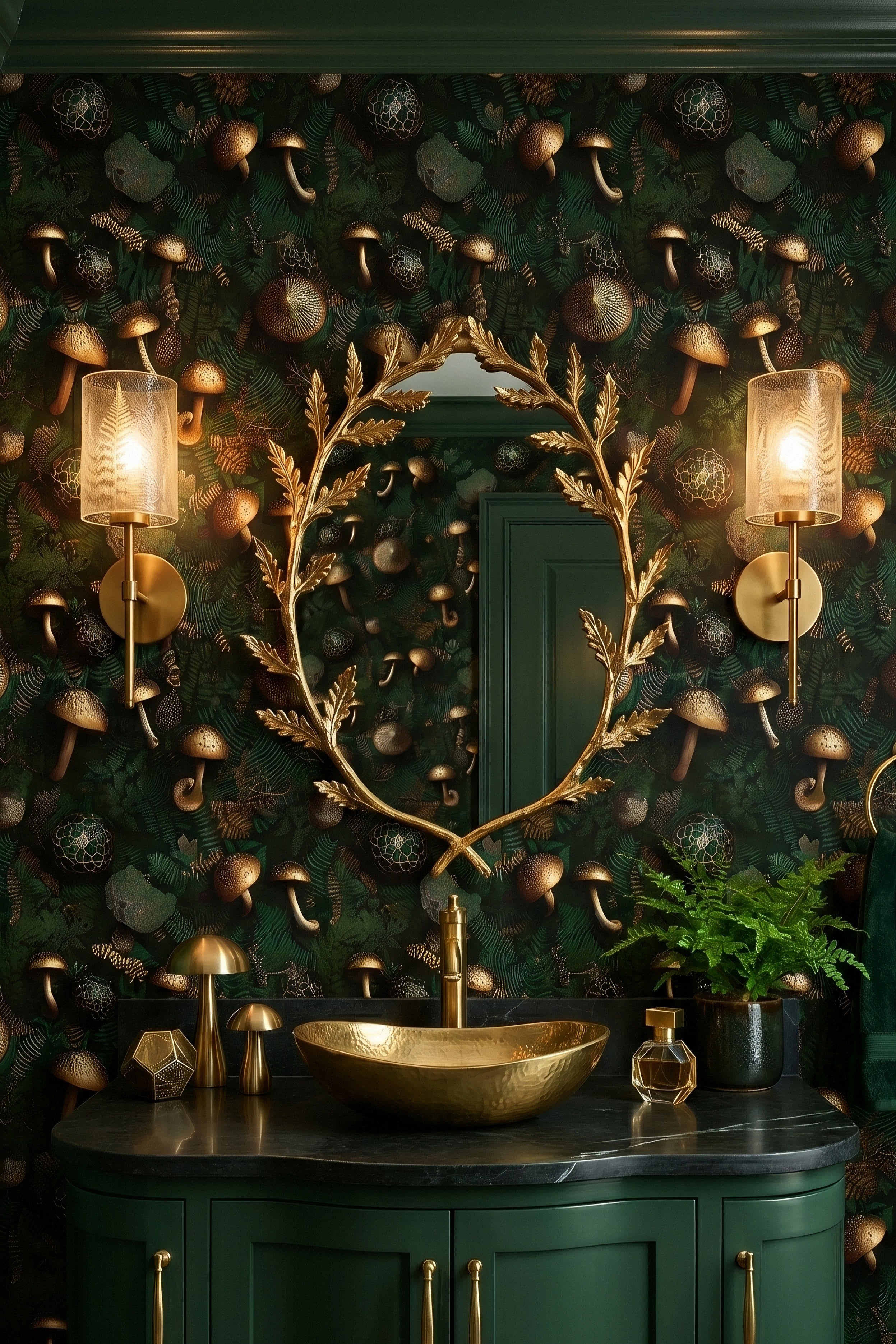 Dark green mushrooms and ferns with gold accents wallpaper in a powder room.