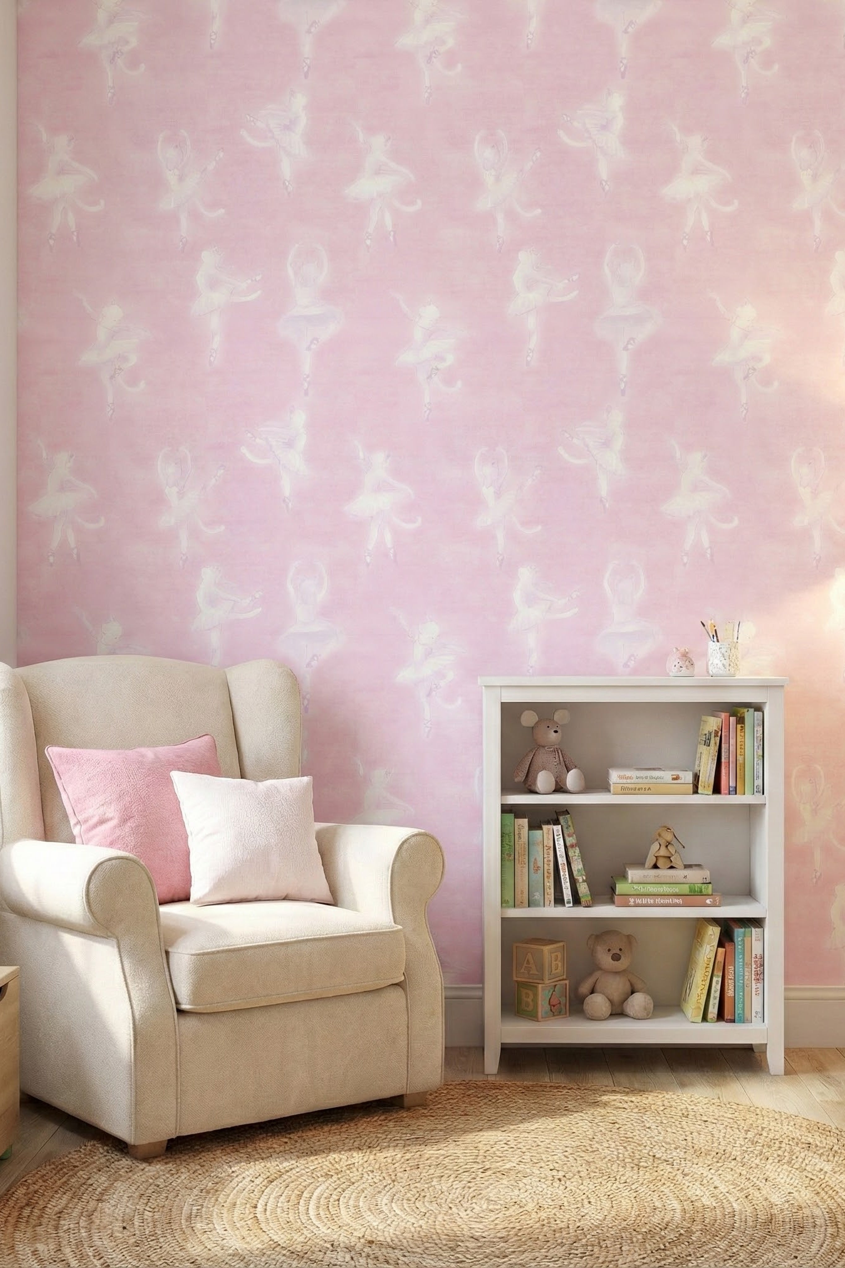 Ballerina cats in tutus on a blush pink wallpaper in a reading corner.