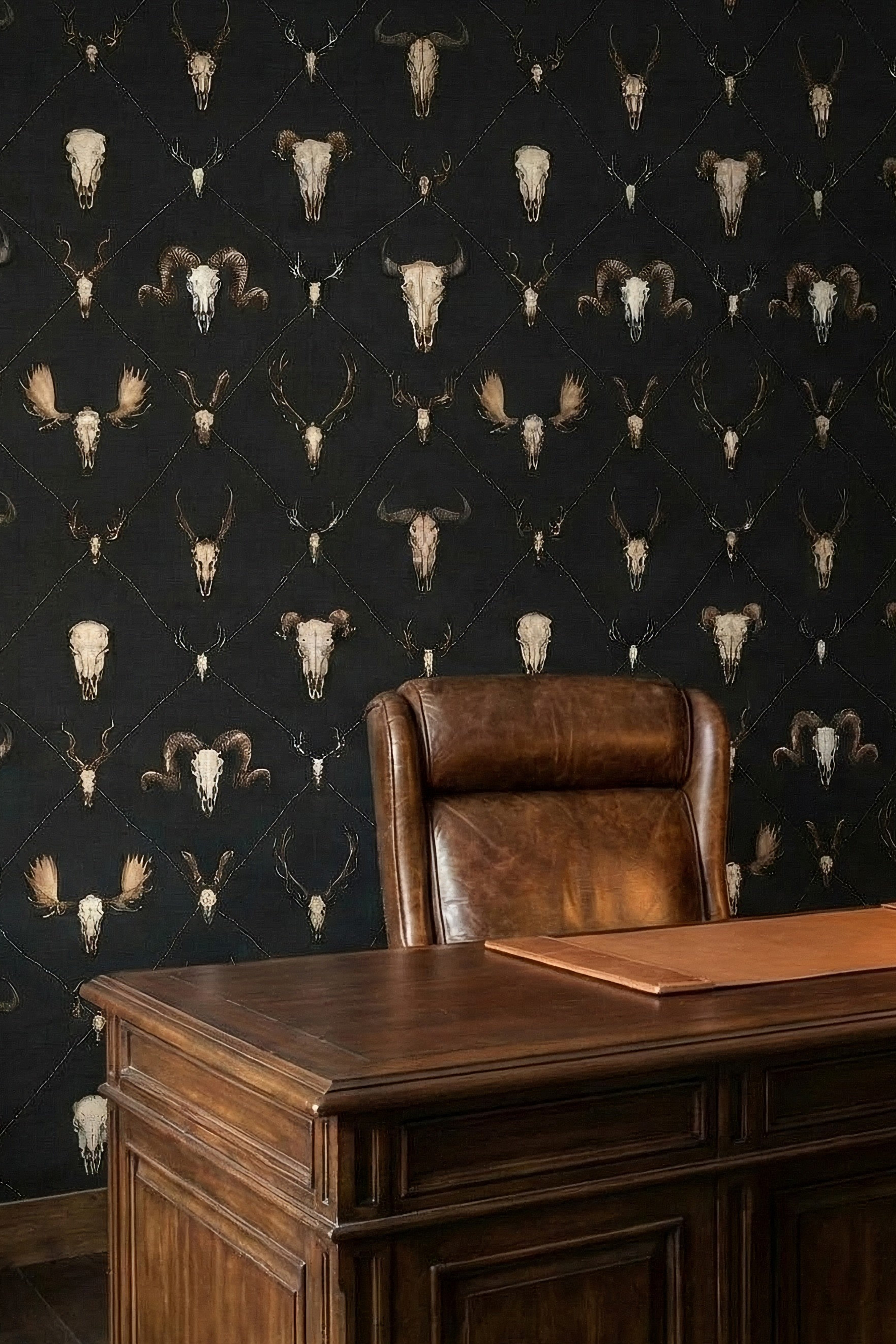 Longhorn skulls and barbed wire on a deep black wallpaper in a home office.