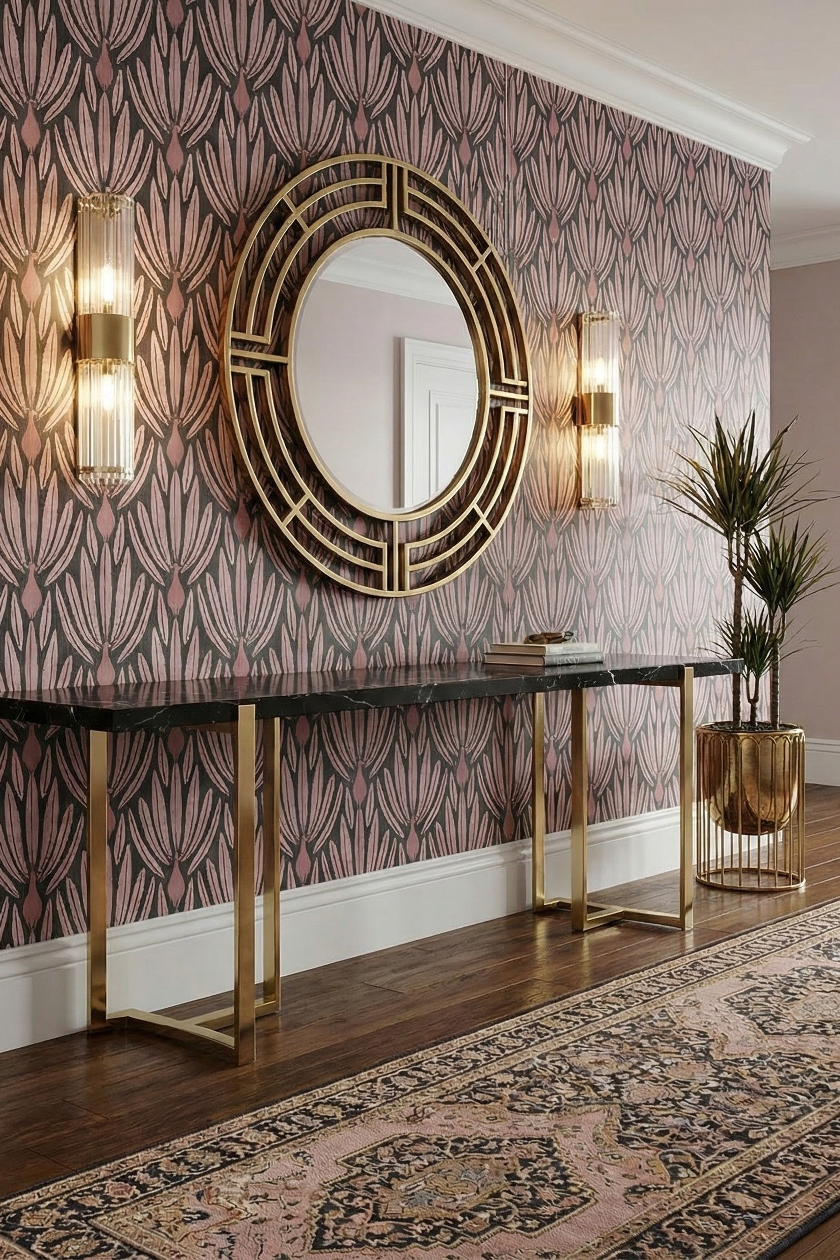 Soft pink peacocks on a charcoal Deco wallpaper in an entryway.