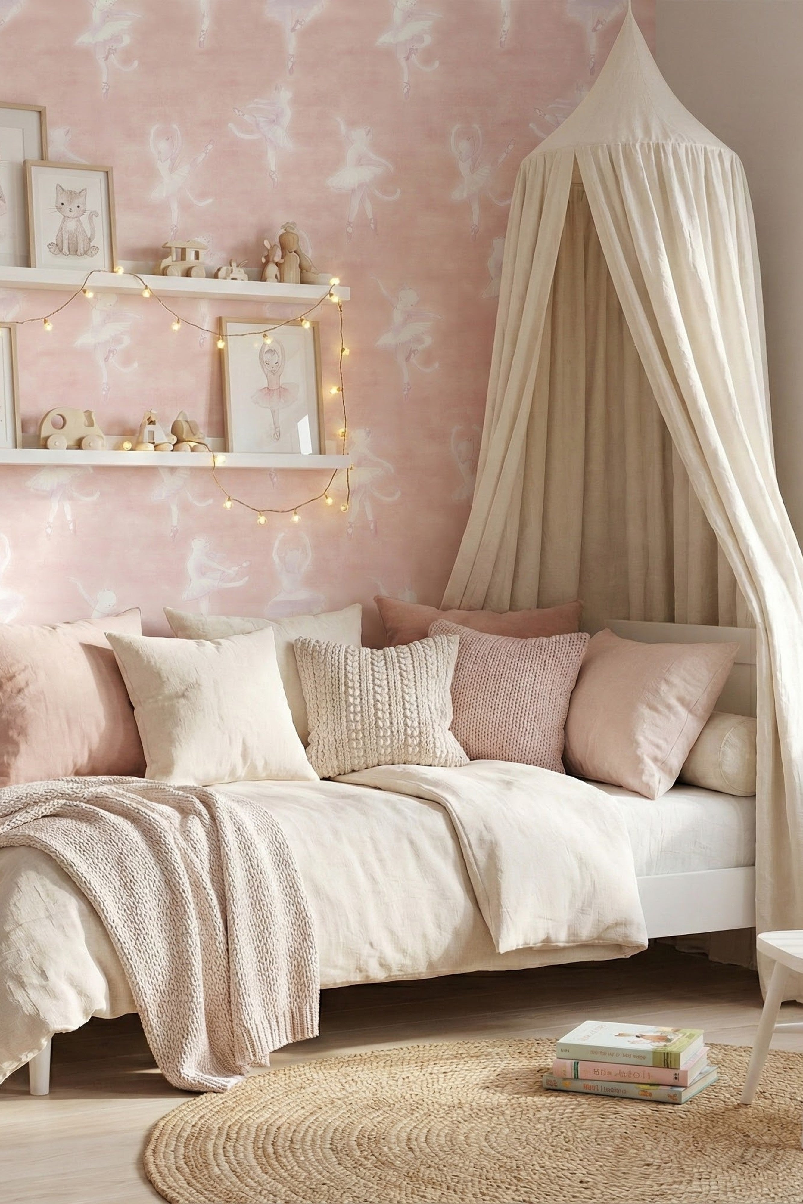 Pink ballerina wallpaper in a kids bedroom.