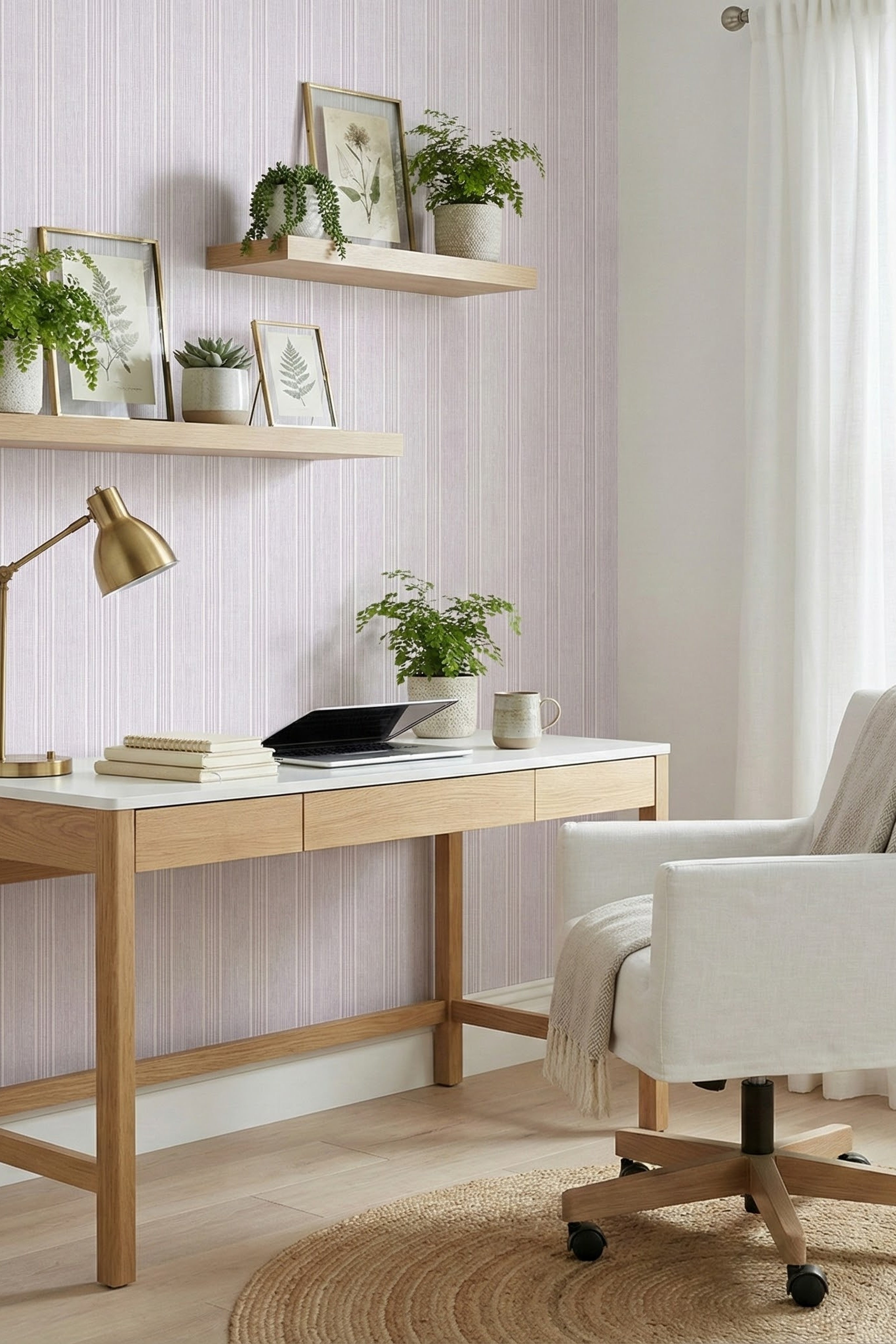 Slim lavender pinstripes on a pale wallpaper in a home office.