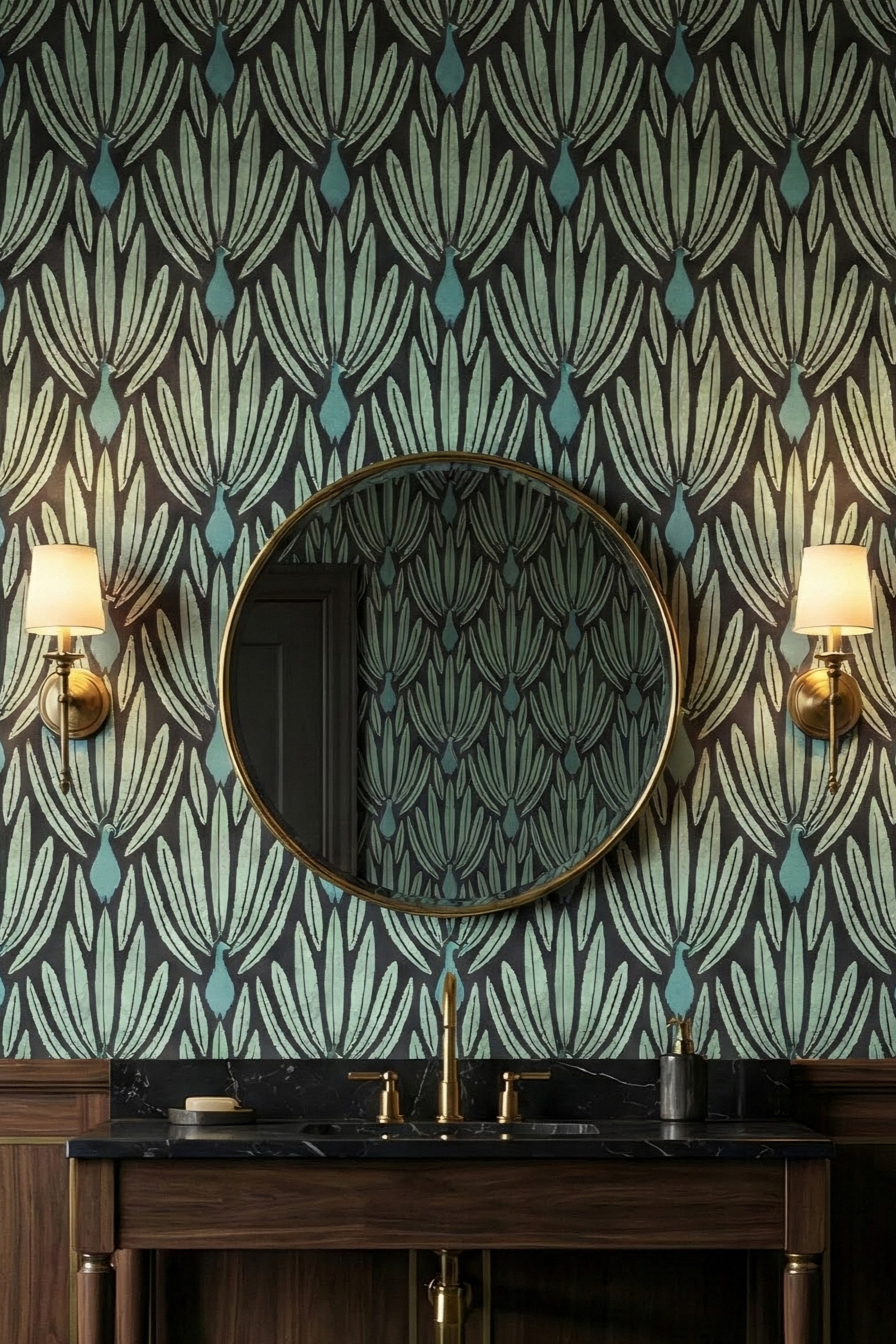 Teal and mint peacocks on deep charcoal wallpaper in a powder room.