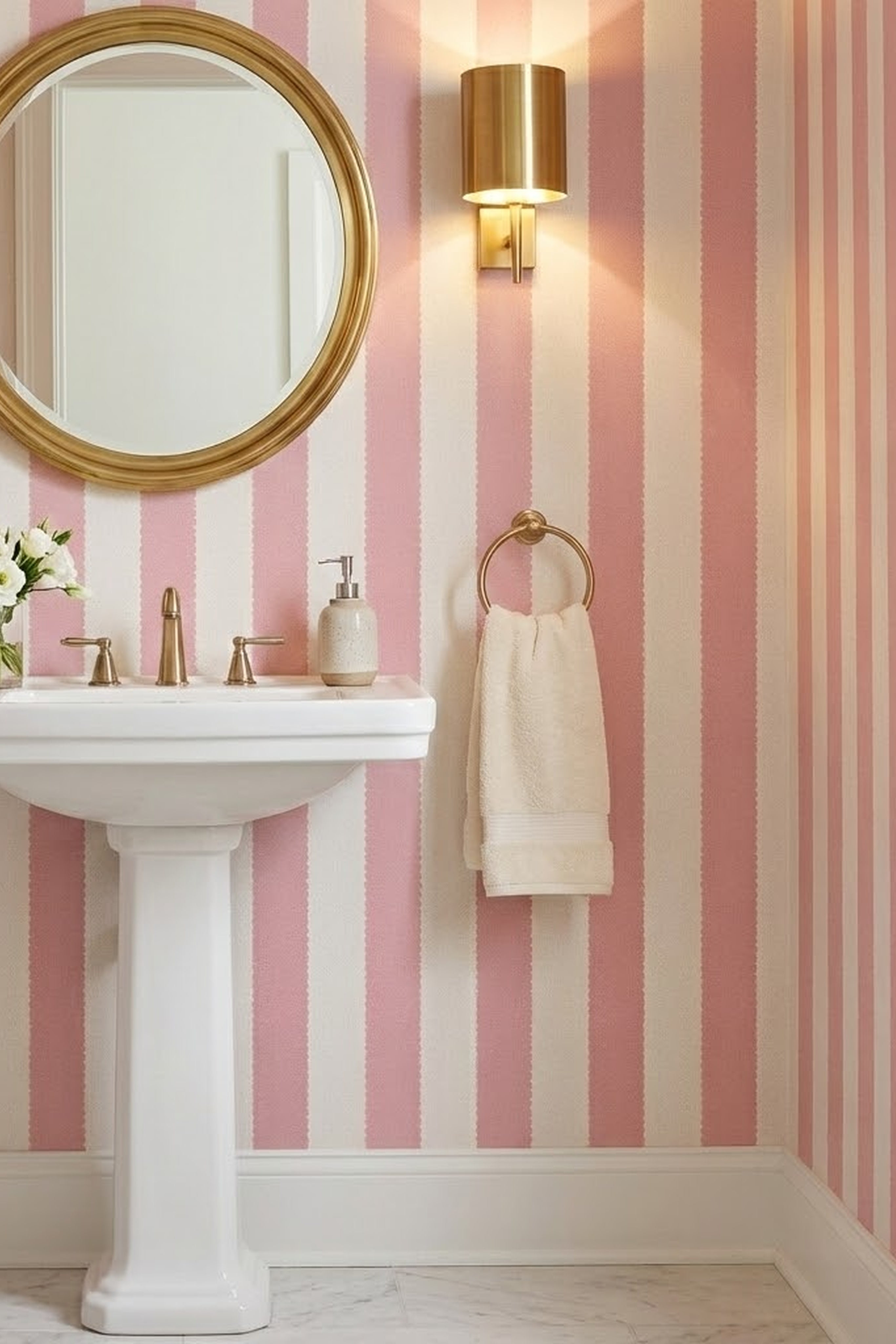 Soft blush scallop stripes on warm white wallpaper in a powder room.
