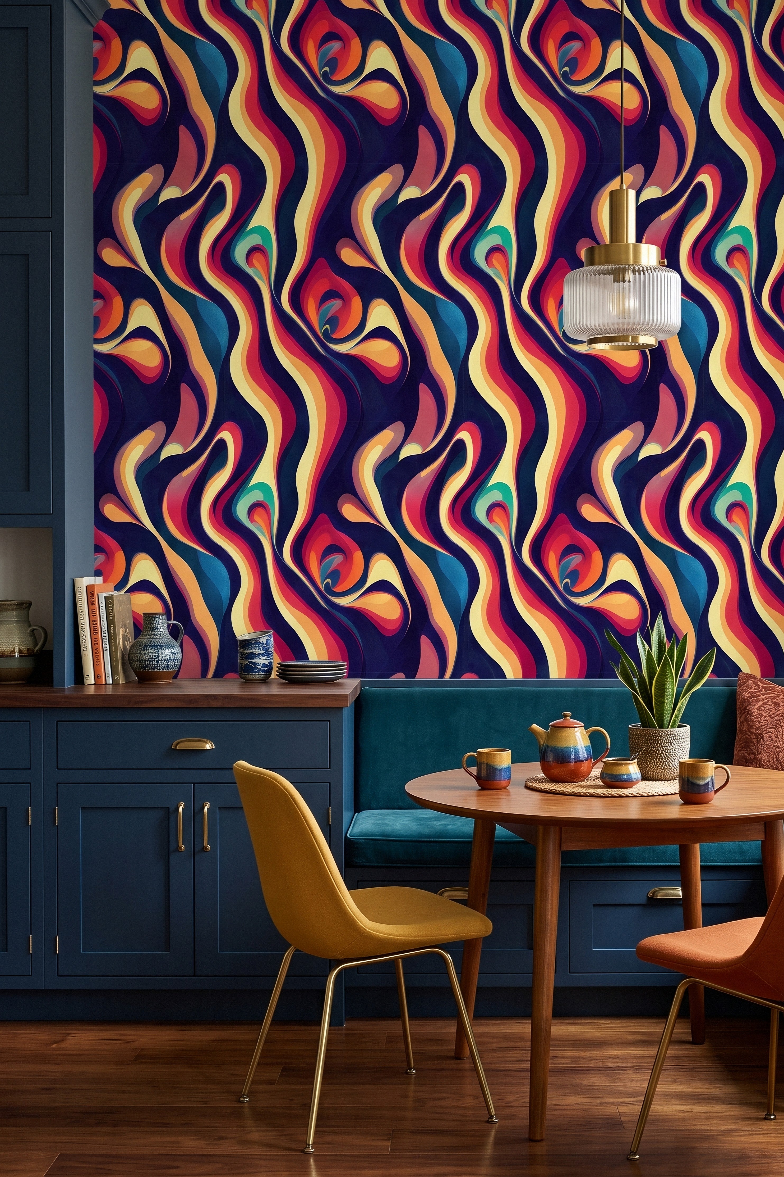 Flowing seventies geometry in warm saturated hues on a wallpaper in a cozy nook.