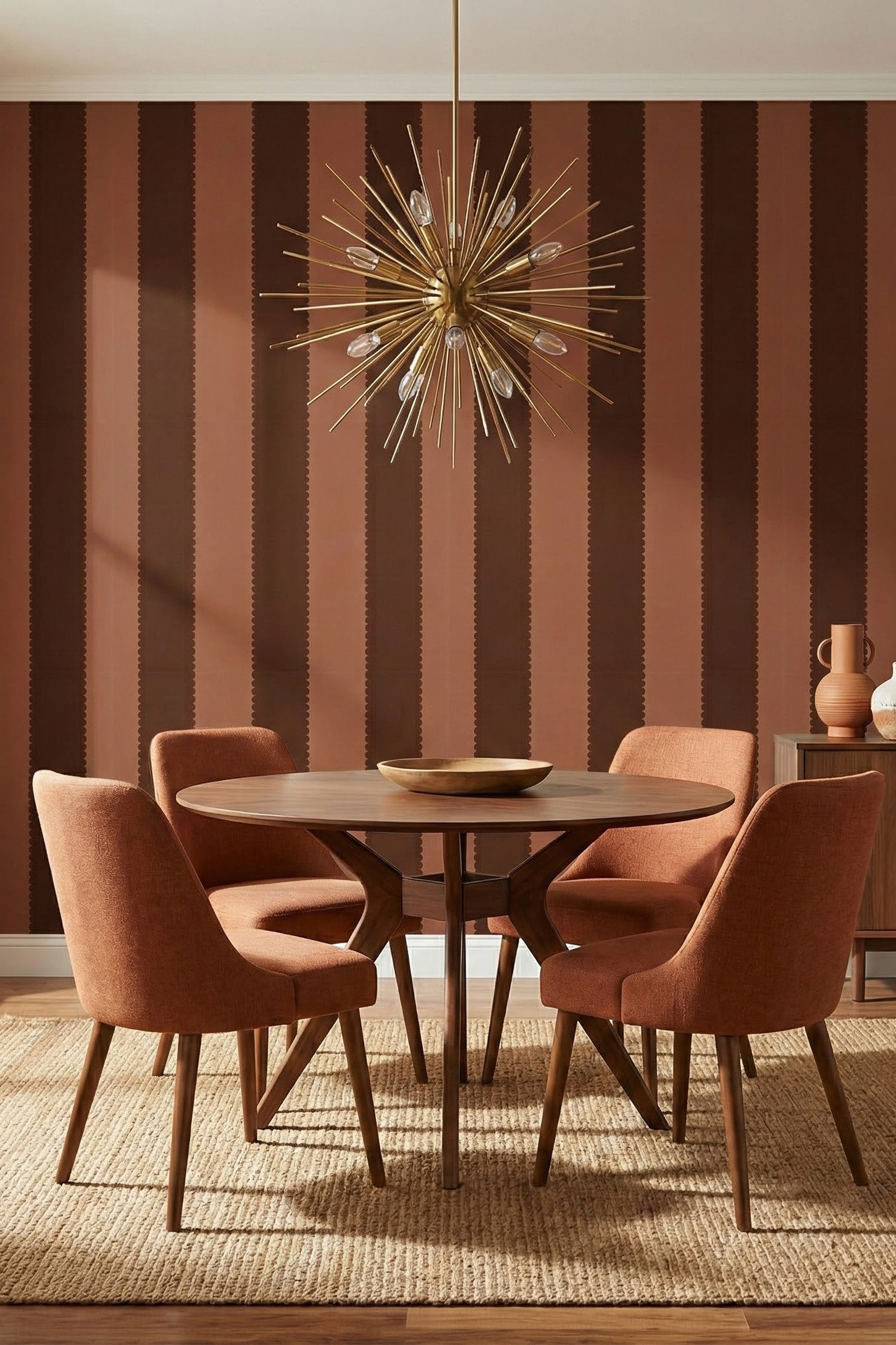 Chocolate brown and terracotta scalloped stripe wallpaper in a dining room.