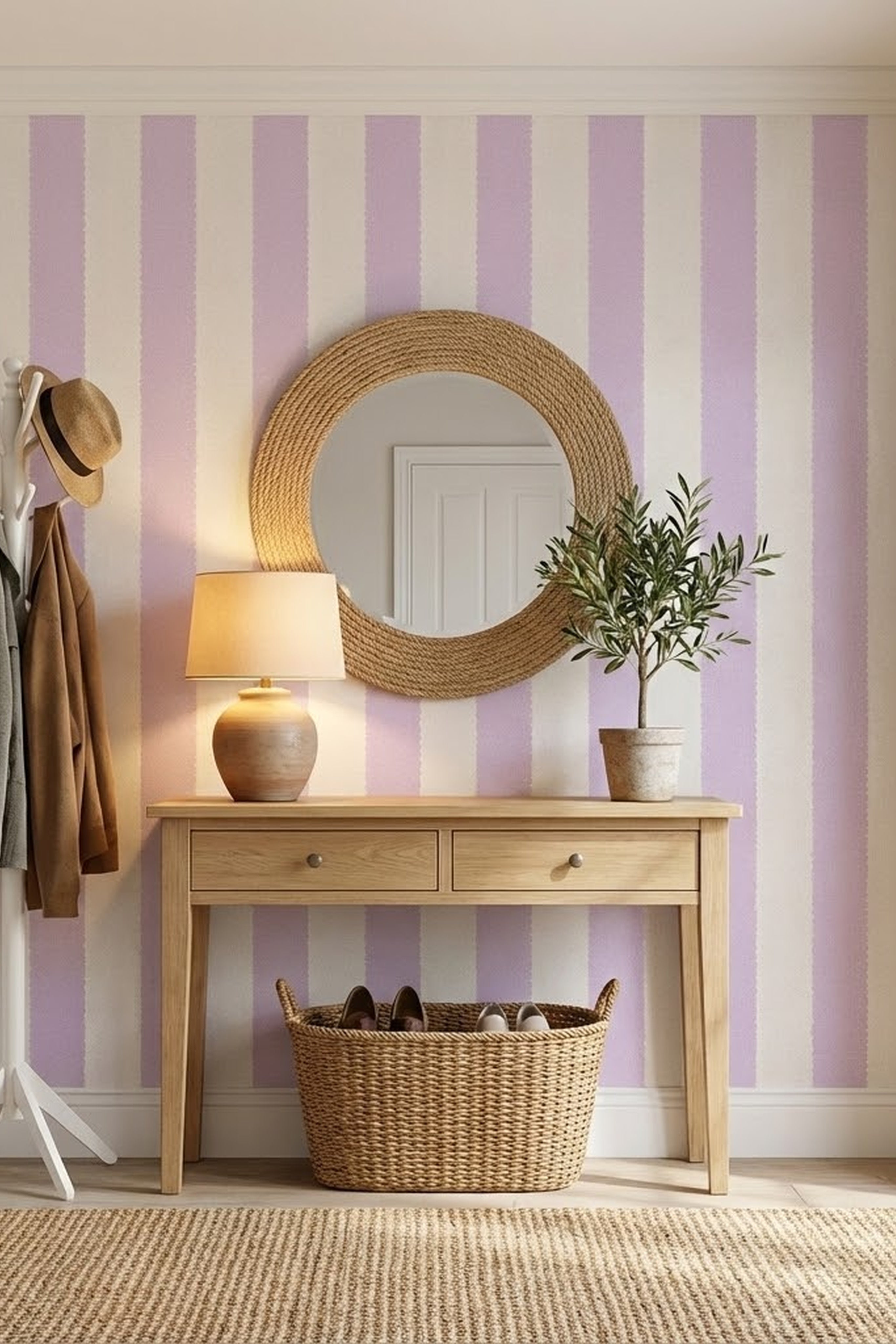 Soft lavender scalloped stripes on warm white wallpaper in an entryway.
