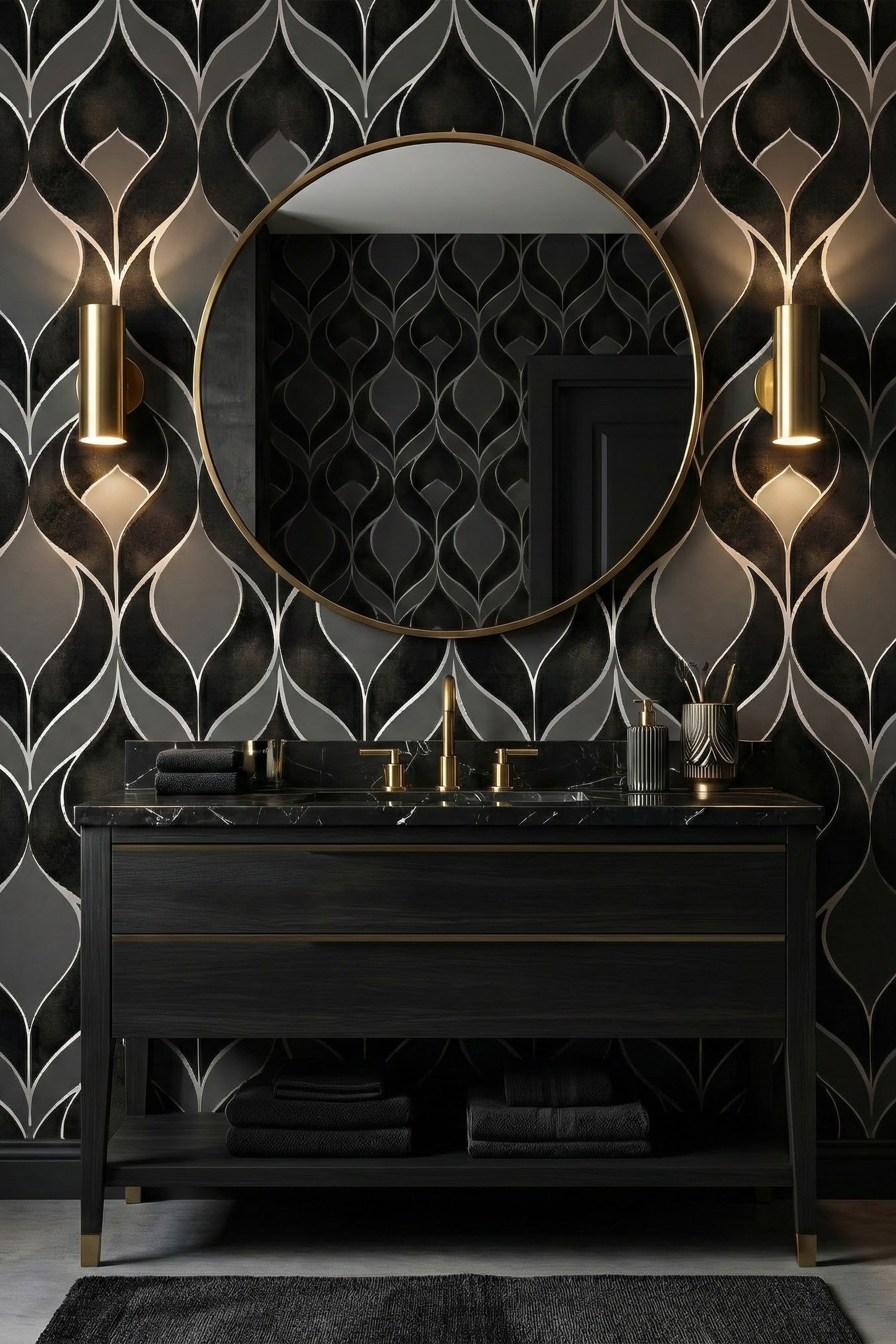 Black and charcoal Art Deco geometry with silver outlines on a powder room wallpaper.