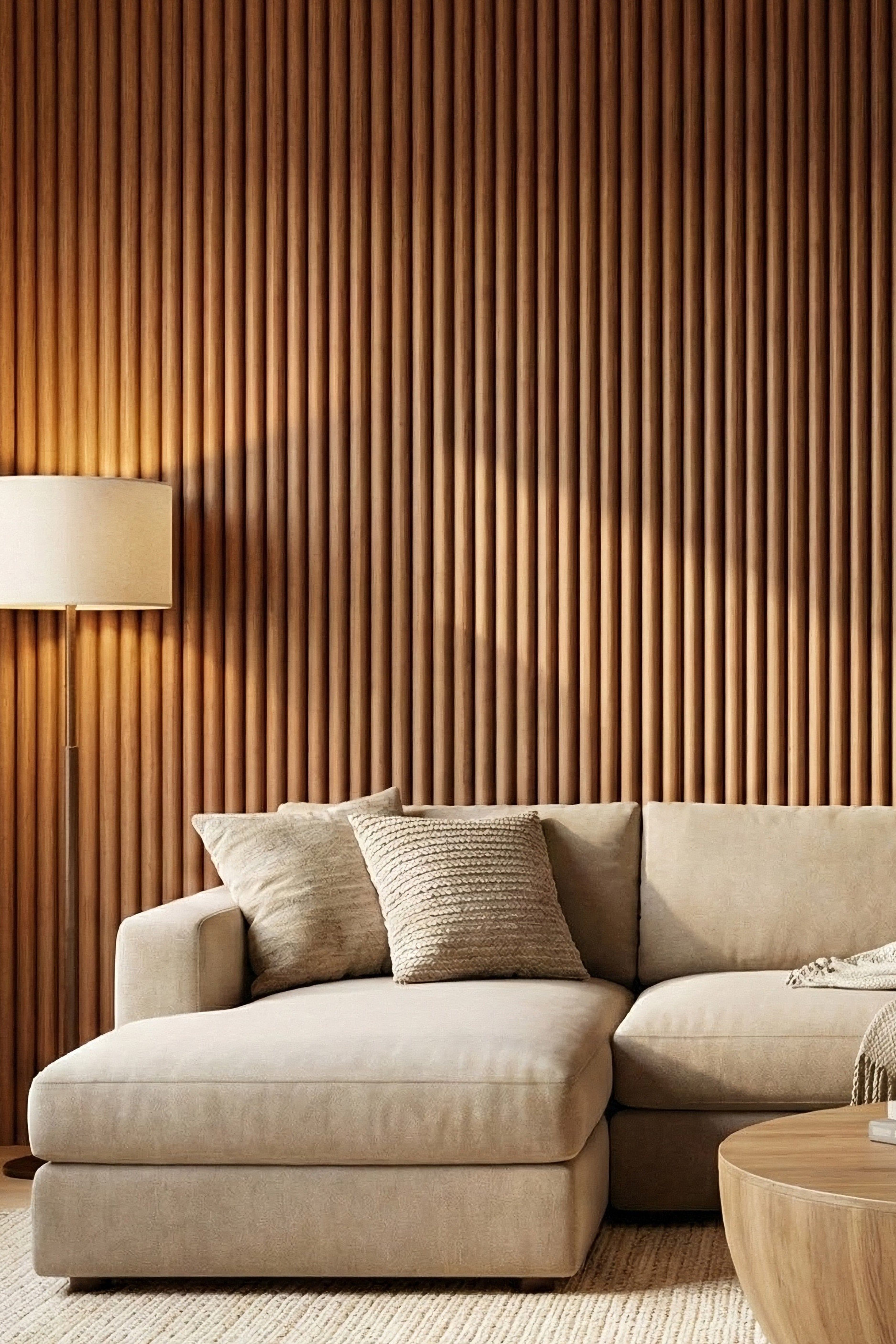 Warm rattan-brown faux wood slat wallpaper in a living room.