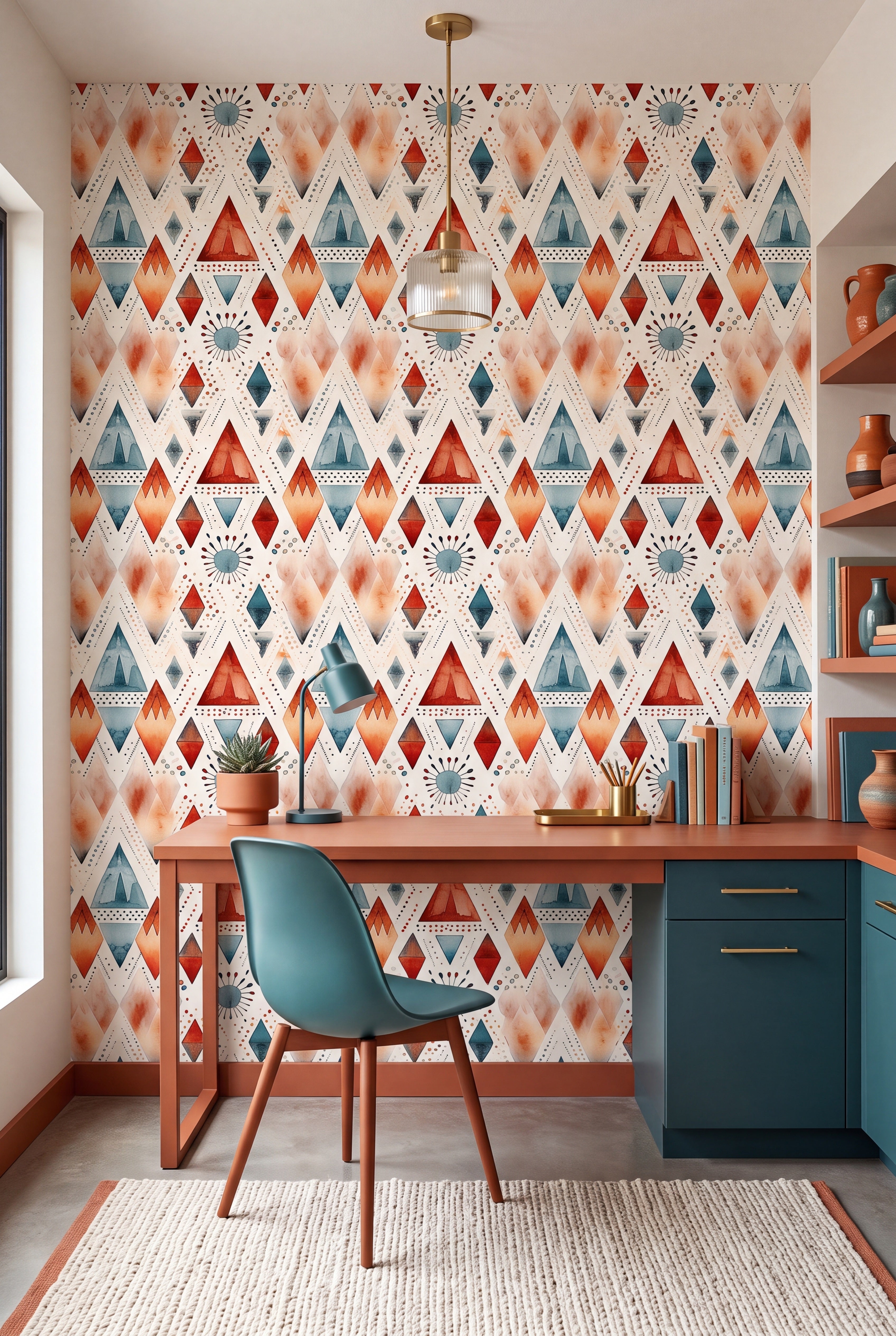 Earthy watercolor diamond geometry wallpaper in warm tones in a home office.