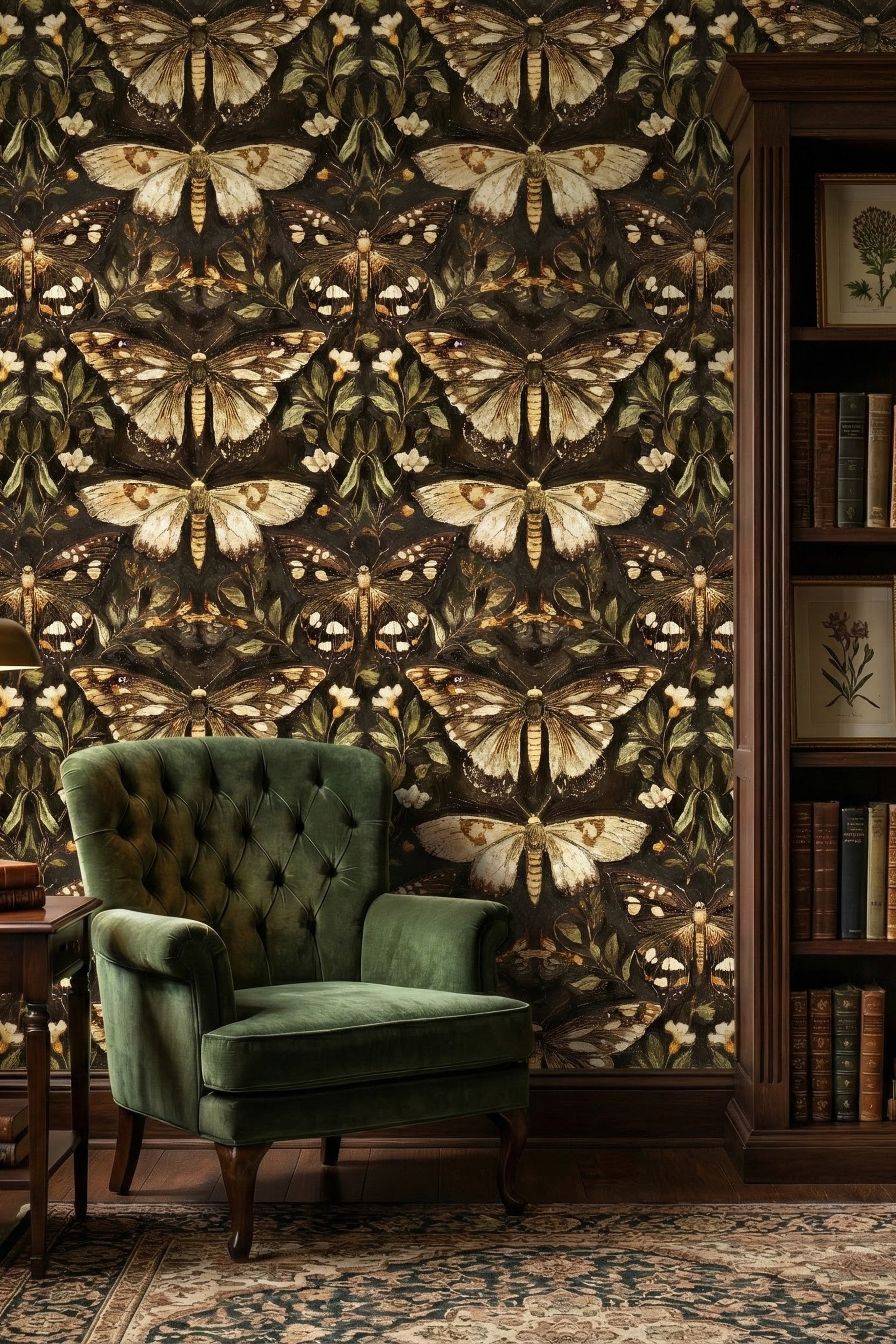 Cream moths and gold details on dark charcoal botanical wallpaper in a reading corner.