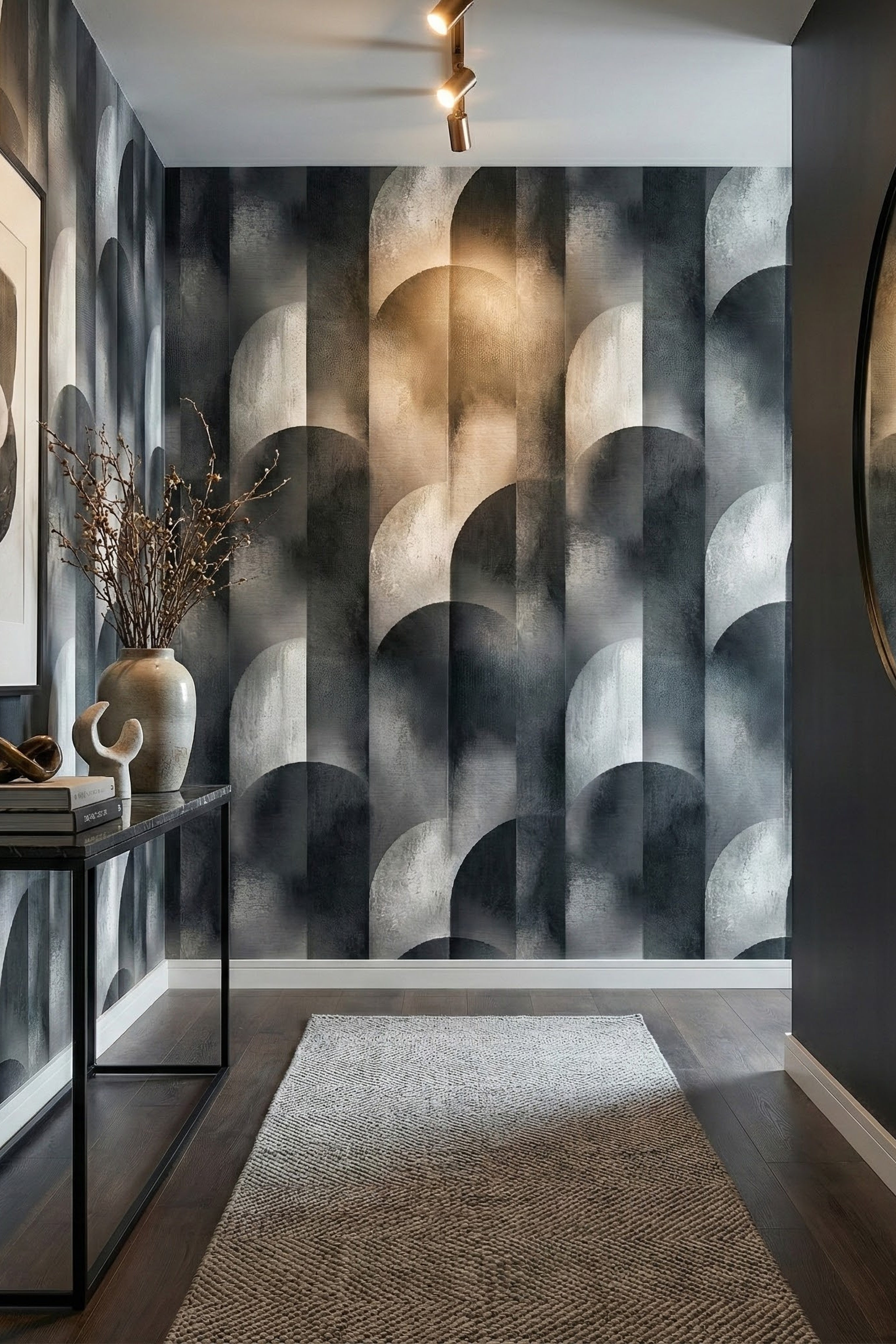 Charcoal and cool grey oversized arches on a mural-like wallpaper in an entryway.