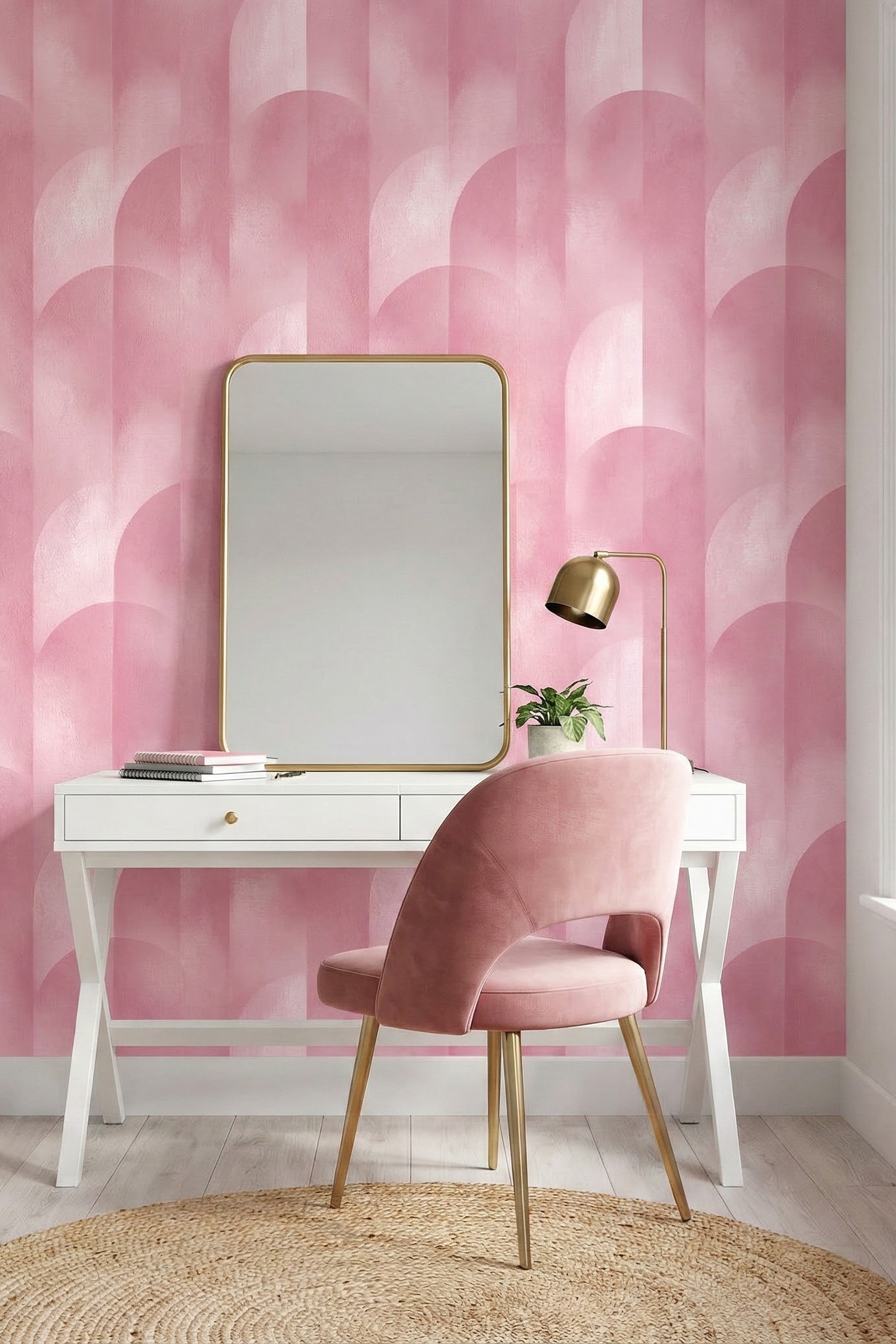 Soft blush pink retro arches on a wallpaper in a home office.