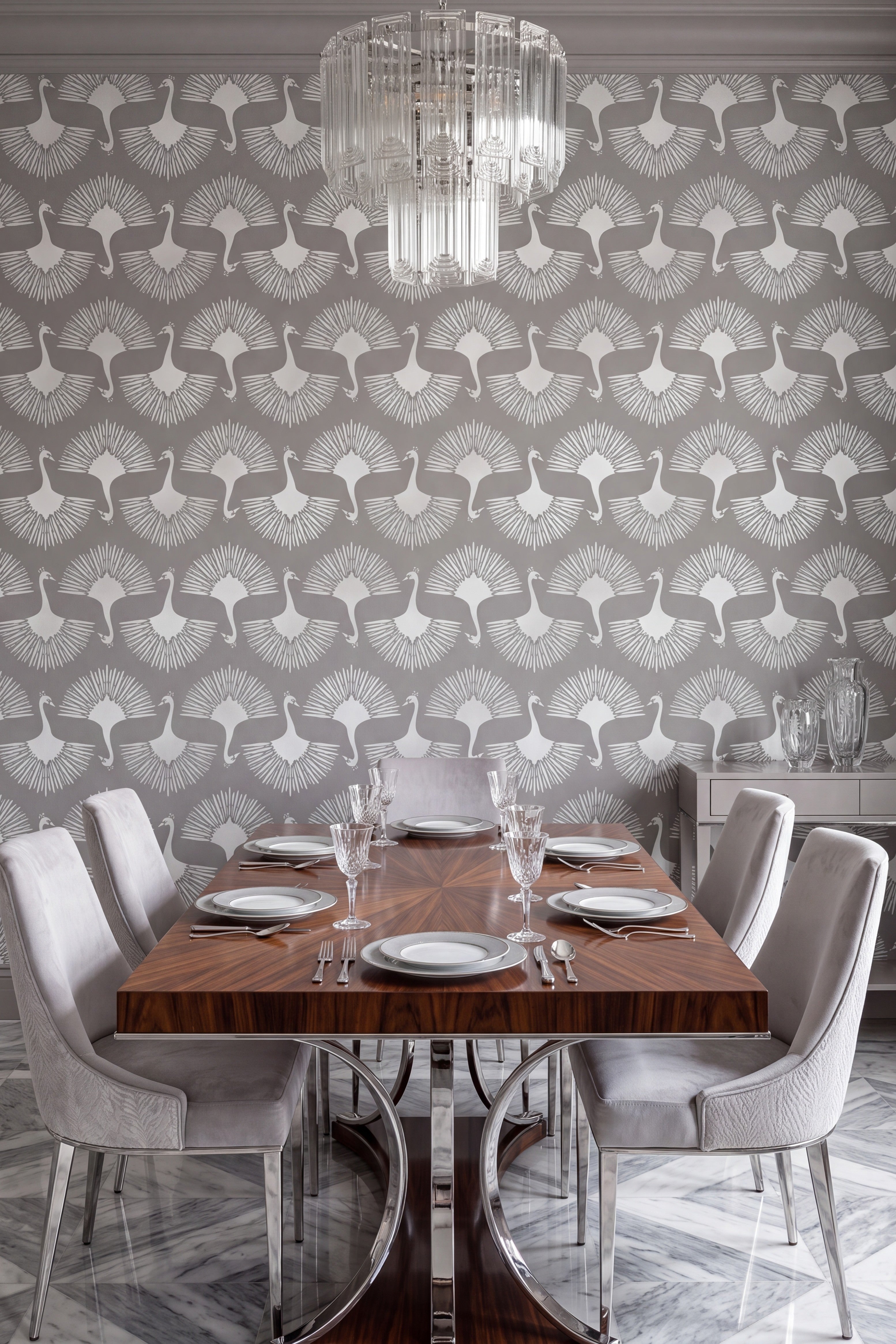 Grey and white swans fanning tails on a Deco wallpaper in a dining room.