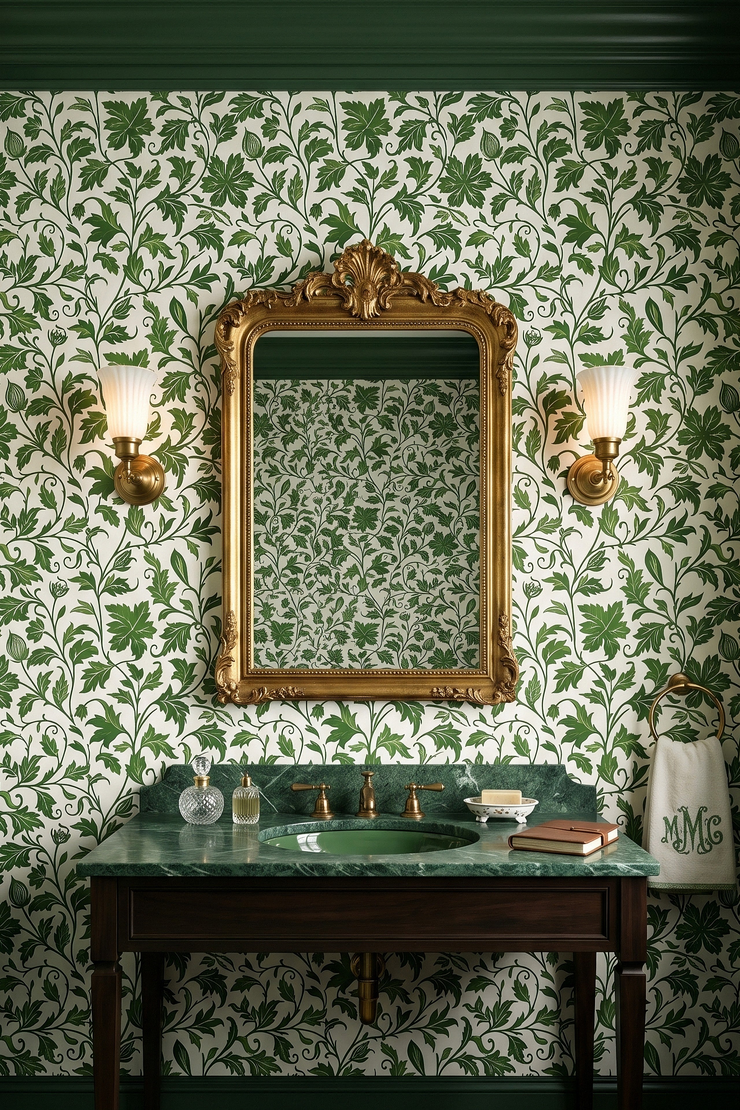 Trailing green Morris-style ivy vines on a wallpaper in a powder room.